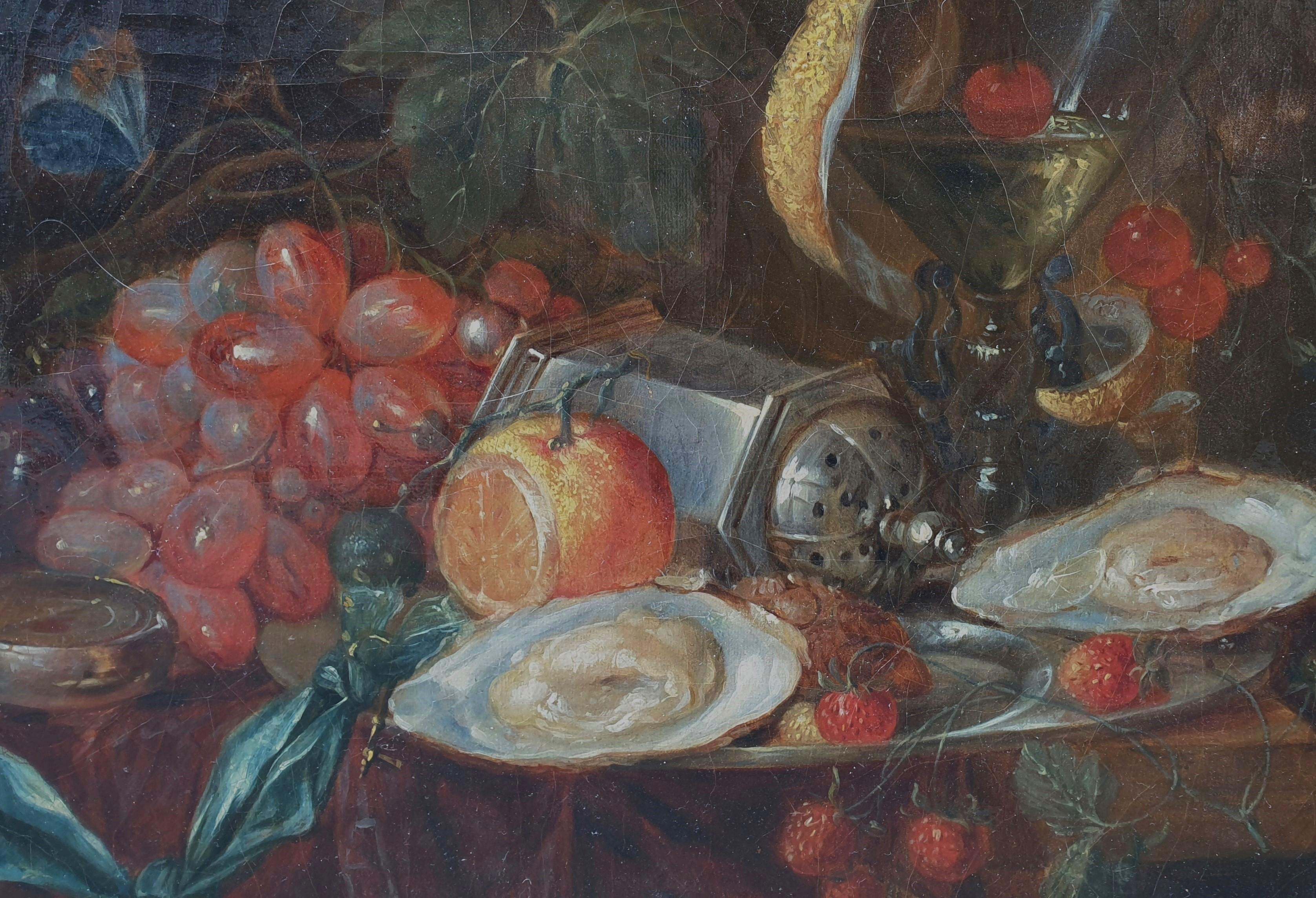 French 19th painting Oil Still life Compass fruits cherries glass and oysters - French School Painting by Unknown