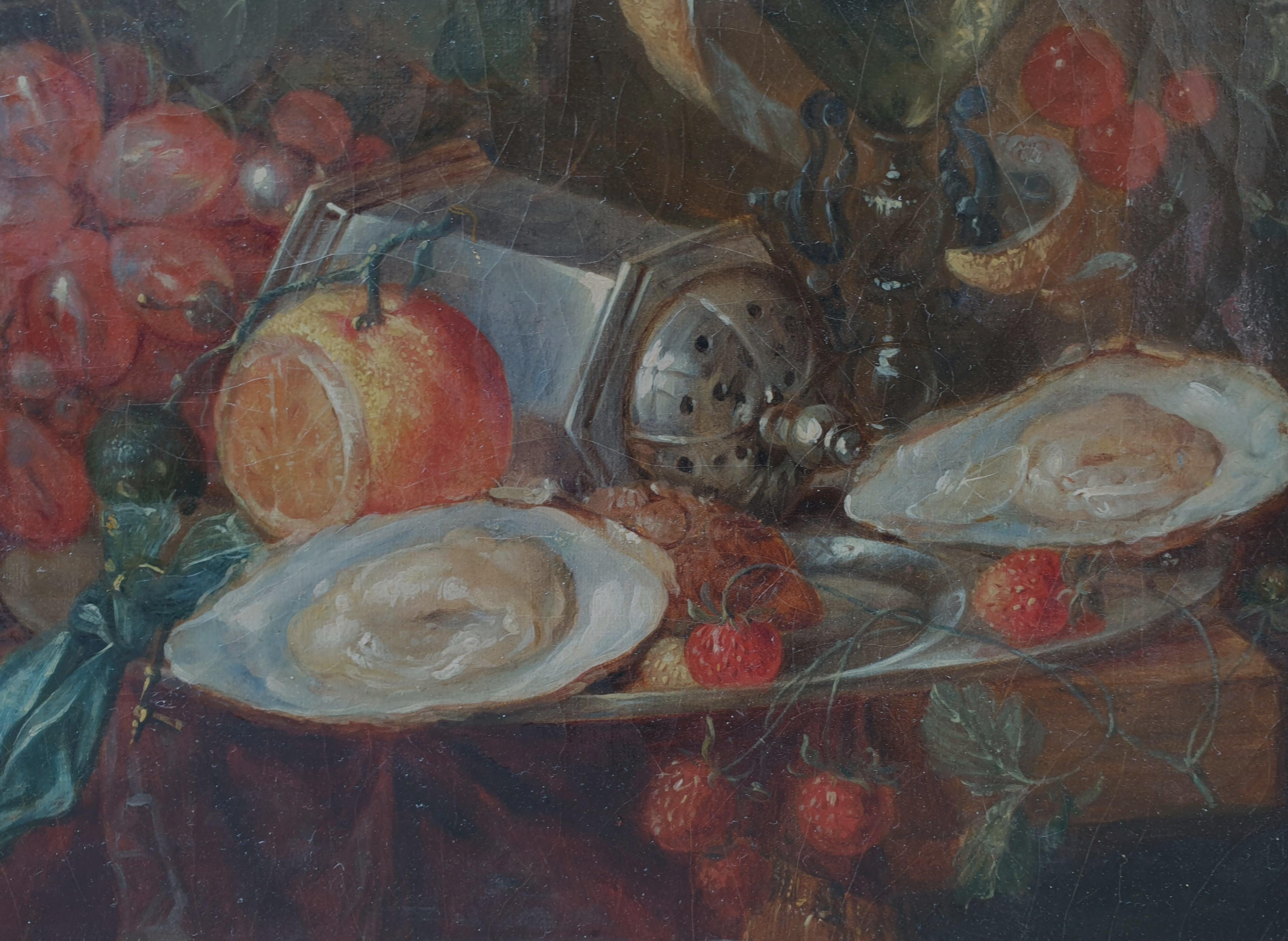 French 19th painting Oil Still life Compass fruits cherries glass and oysters 1