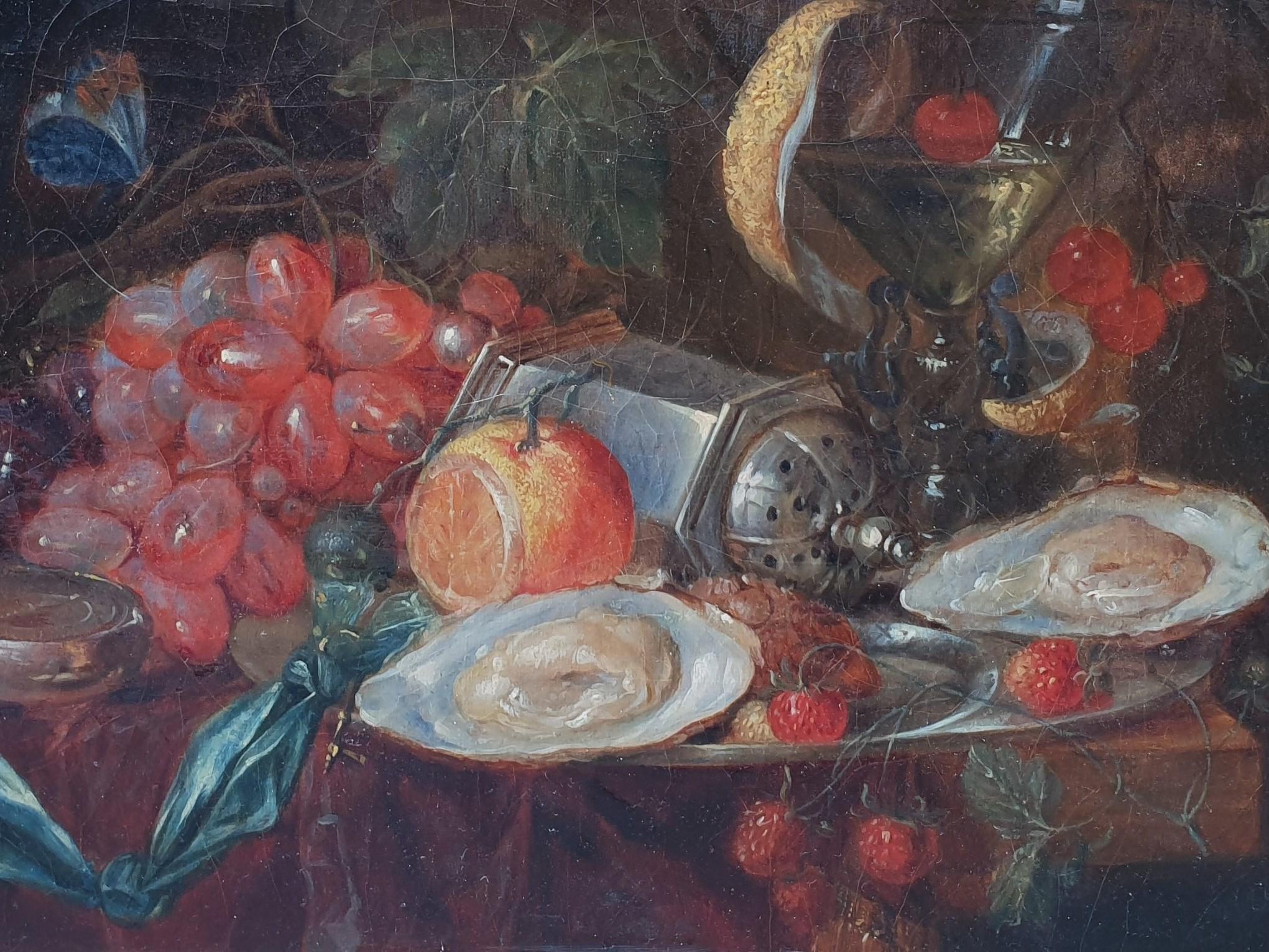 Französisches 19. Gemälde Öl Stillleben Kompass Früchte Kirschen Glas und Austern im Angebot 2