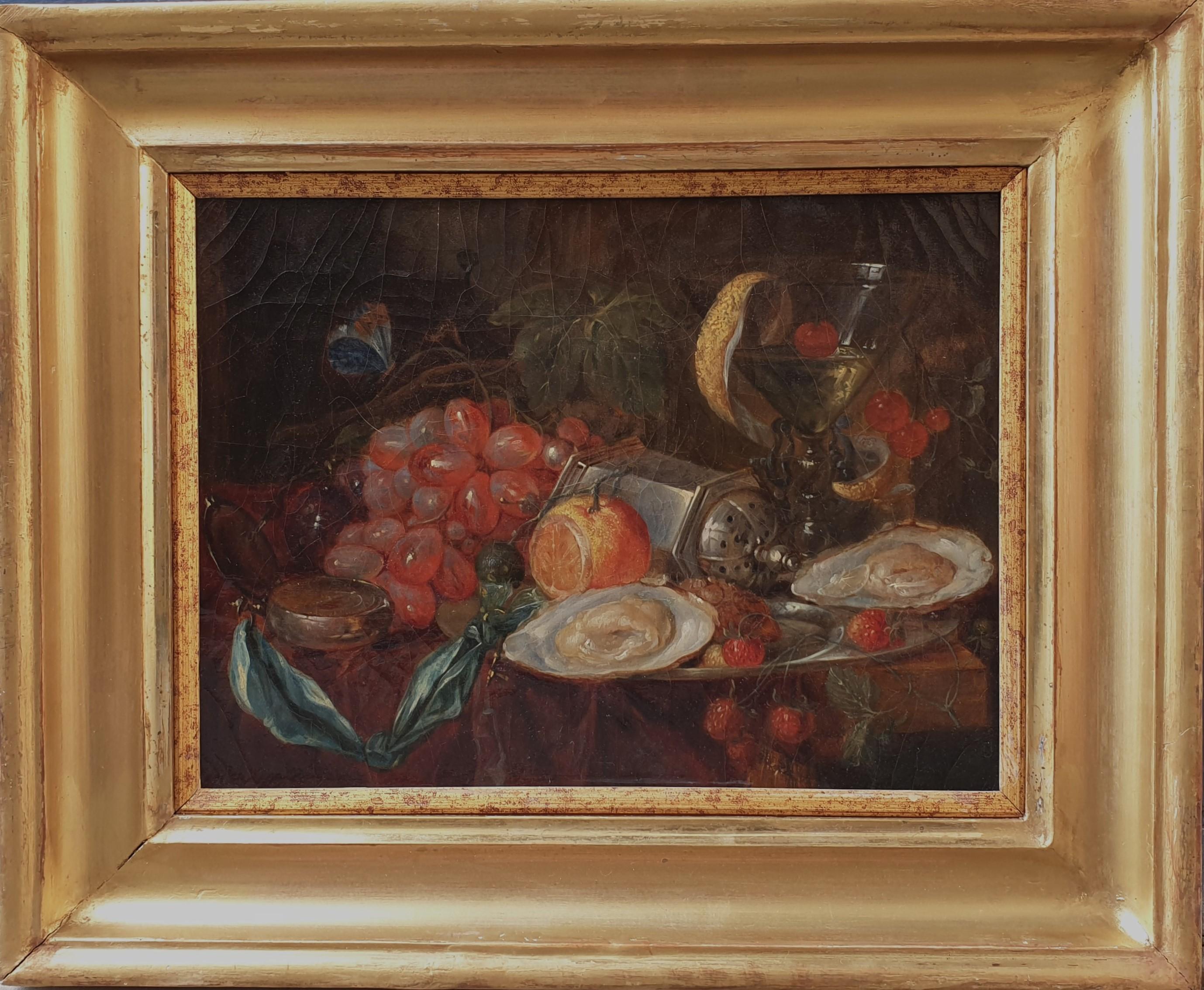 Unknown Still-Life Painting - French 19th painting Oil Still life Compass fruits cherries glass and oysters