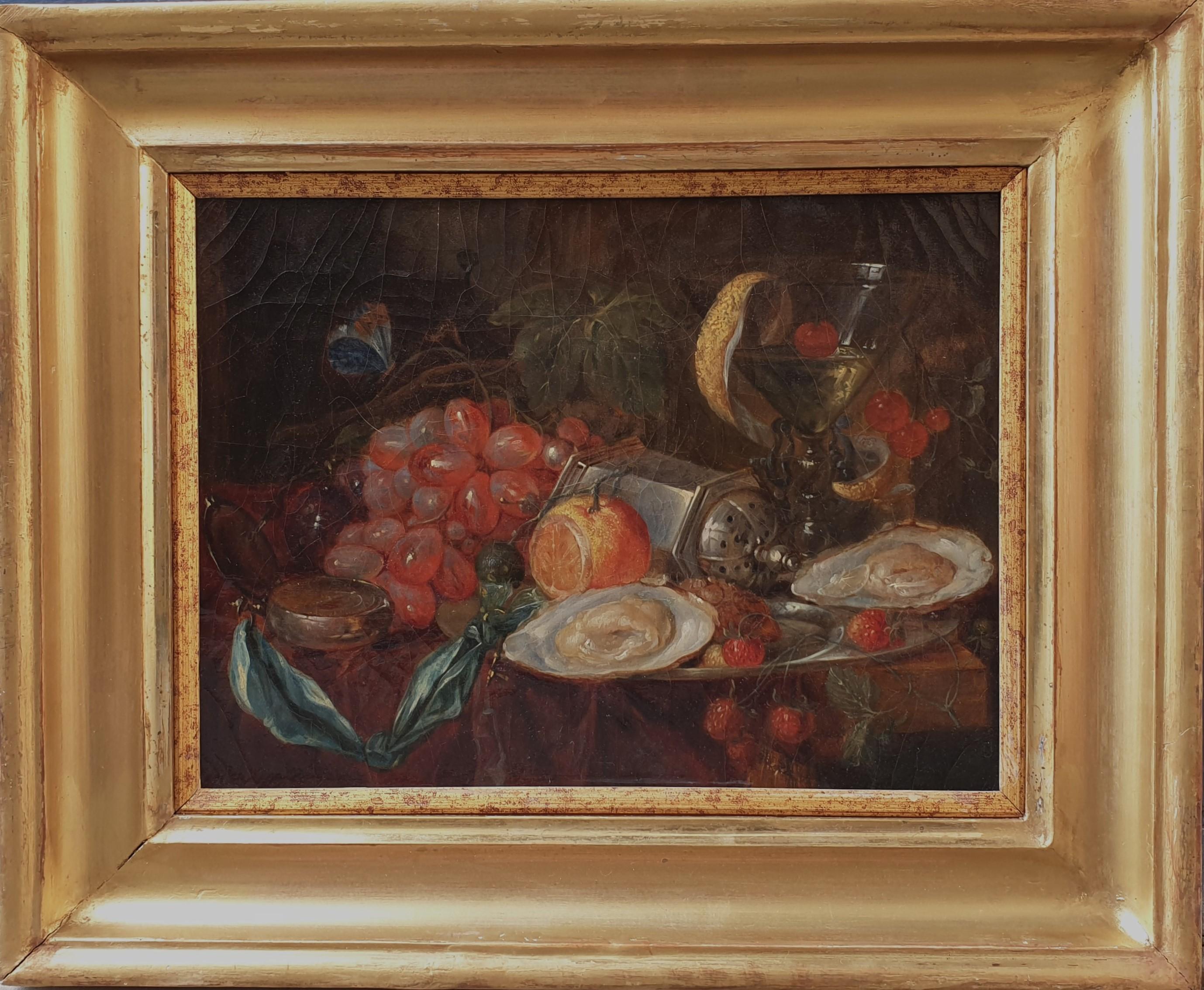 Französisches 19. Gemälde Öl Stillleben Kompass Früchte Kirschen Glas und Austern – Painting von Unknown