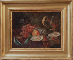 French 19th painting Oil Still life Compass fruits cherries glass and oysters