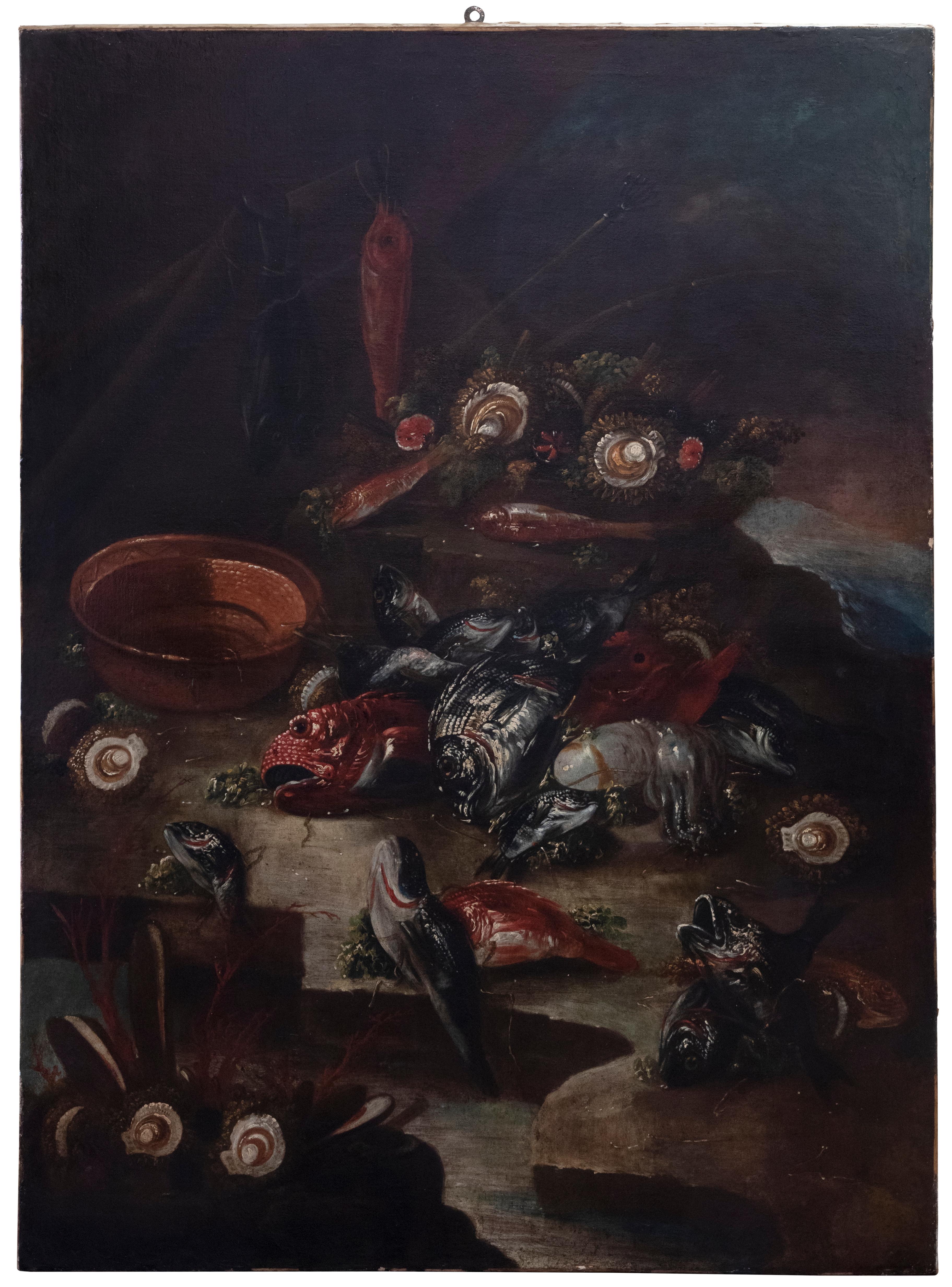 Unknown Figurative Painting – Stillleben mit Fischen und Austern – Öl auf Leinwand – 17. Jahrhundert