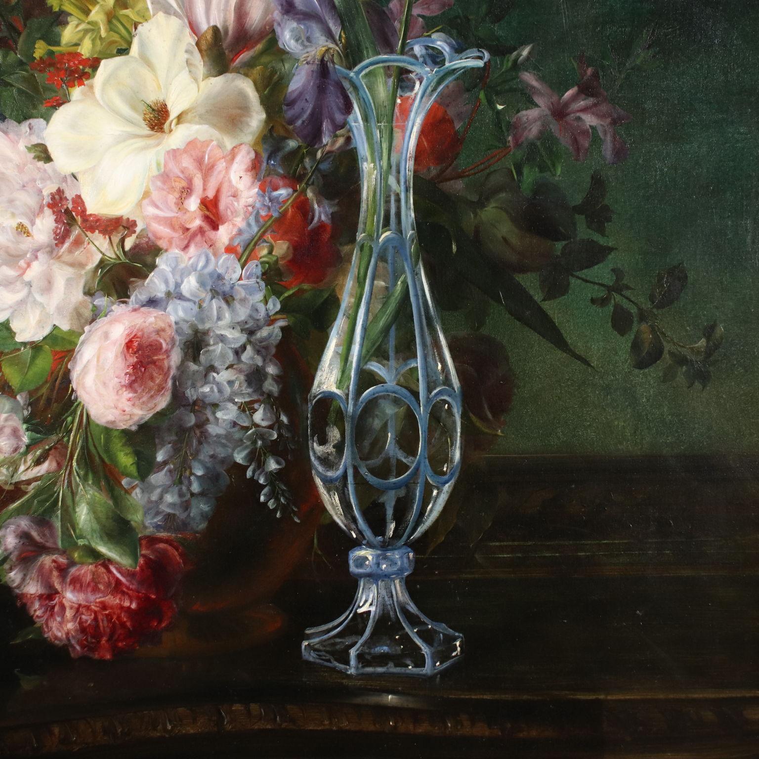 Still Life with Flowers and Glass Vase, XIXth century - Black Still-Life Painting by Unknown