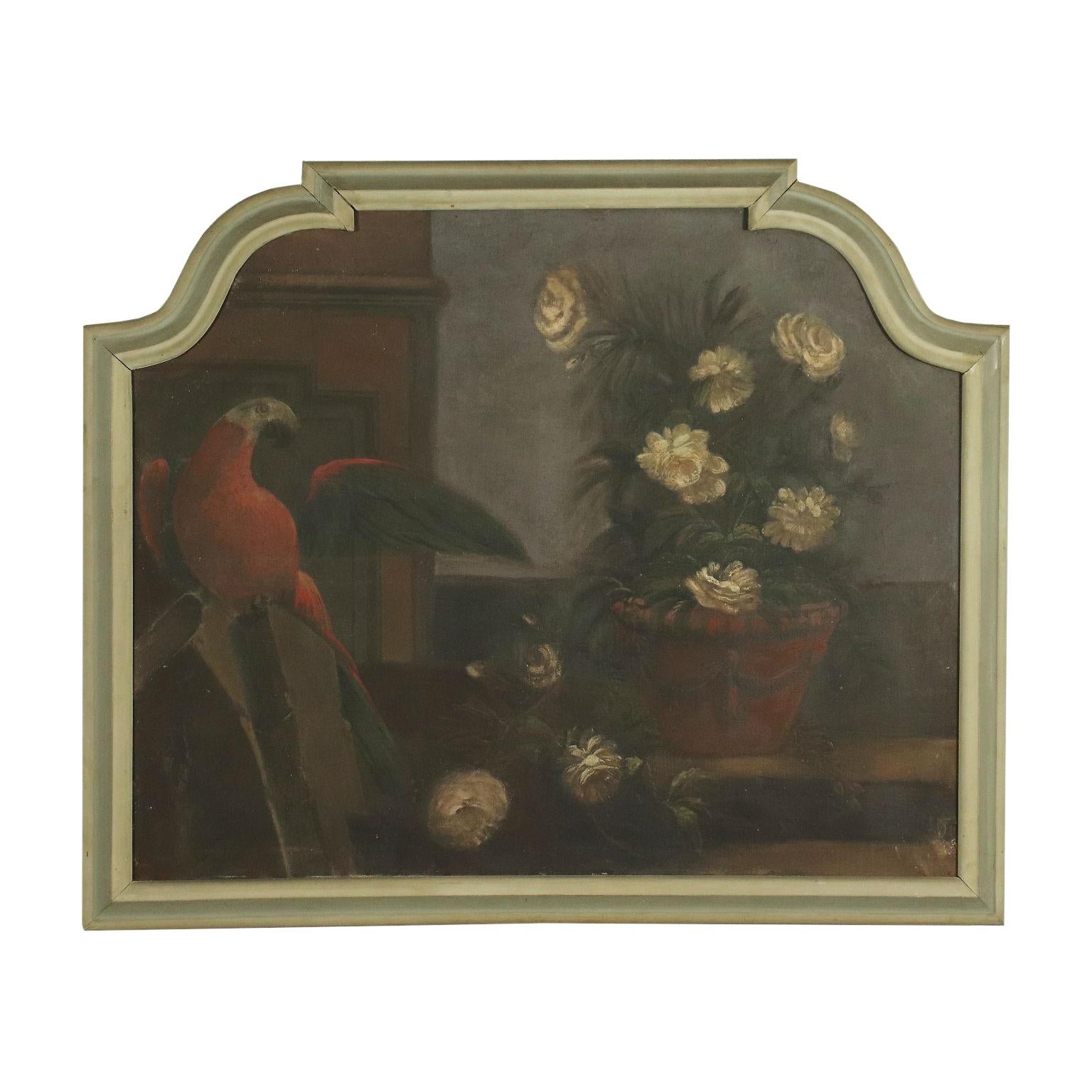 Unknown Still-Life Painting - Still Life With Flowers And Parrot Oil On Canvas 19th Century