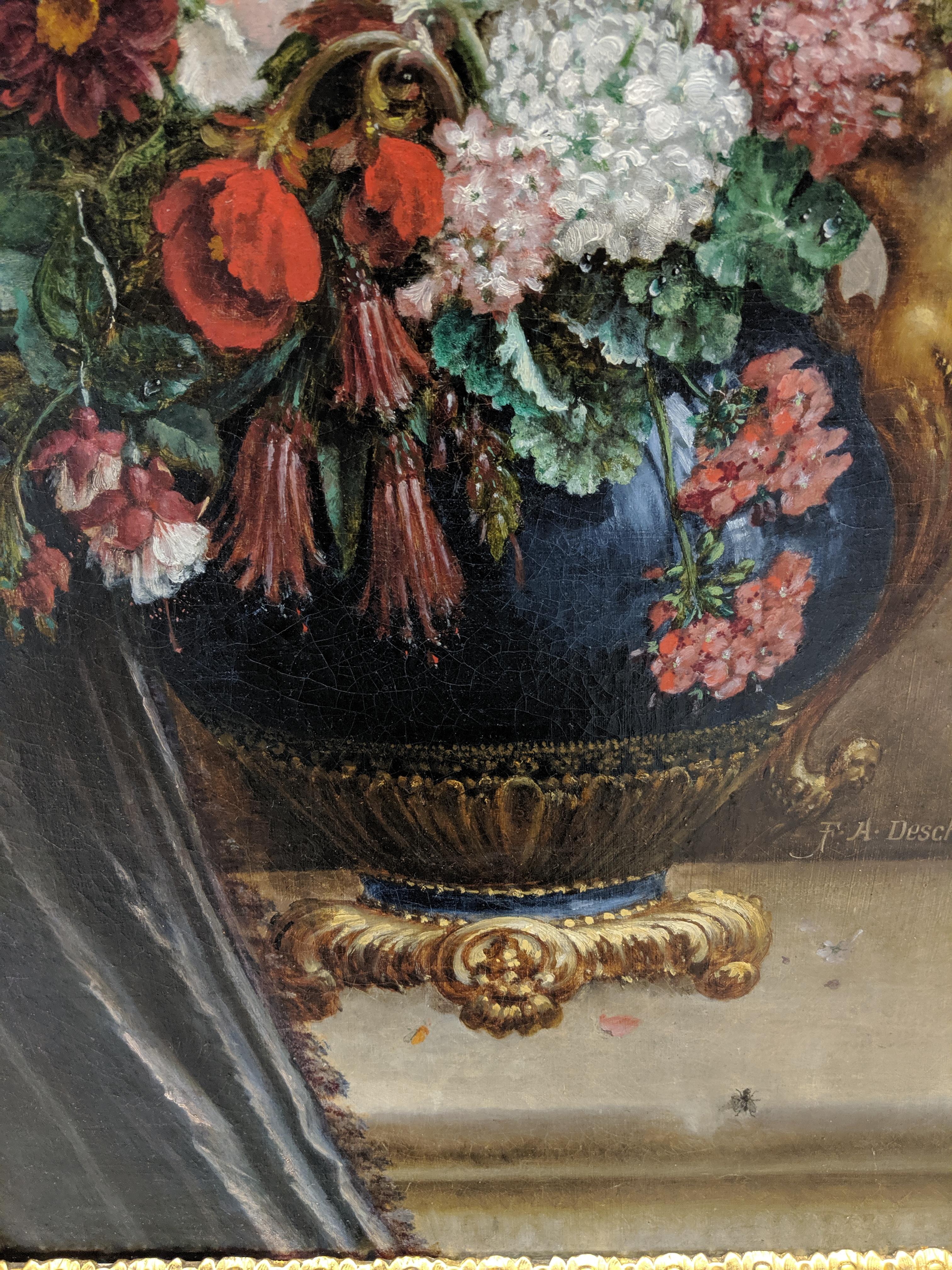 This painting is done in Oil on Canvas and is signed F. A. Deschamps and dated 93. It is a Still life with Flowers. The painting is 39 1/2