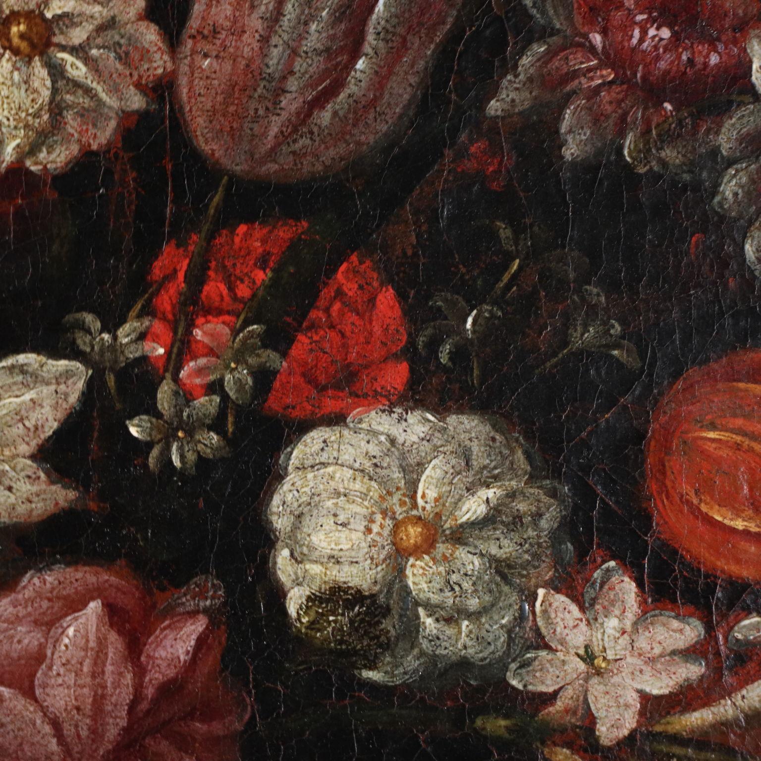 Still Life with Flowers, Fruit and Goldfinch, 17th century - Black Still-Life Painting by Unknown