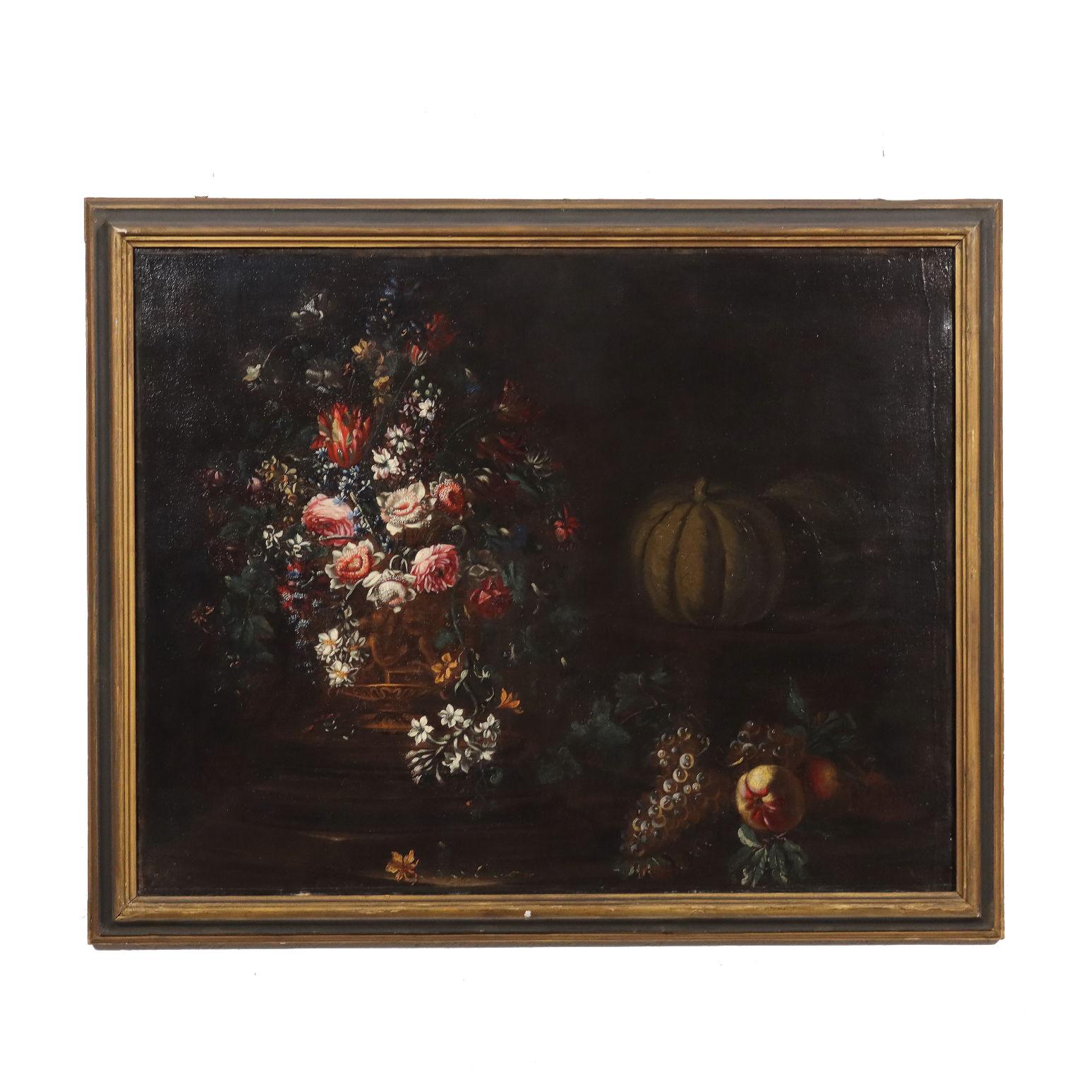 Unknown Still-Life Painting - Still Life with Flowers, Fruit and Pumpkins, XVIIth - XVIIIth century