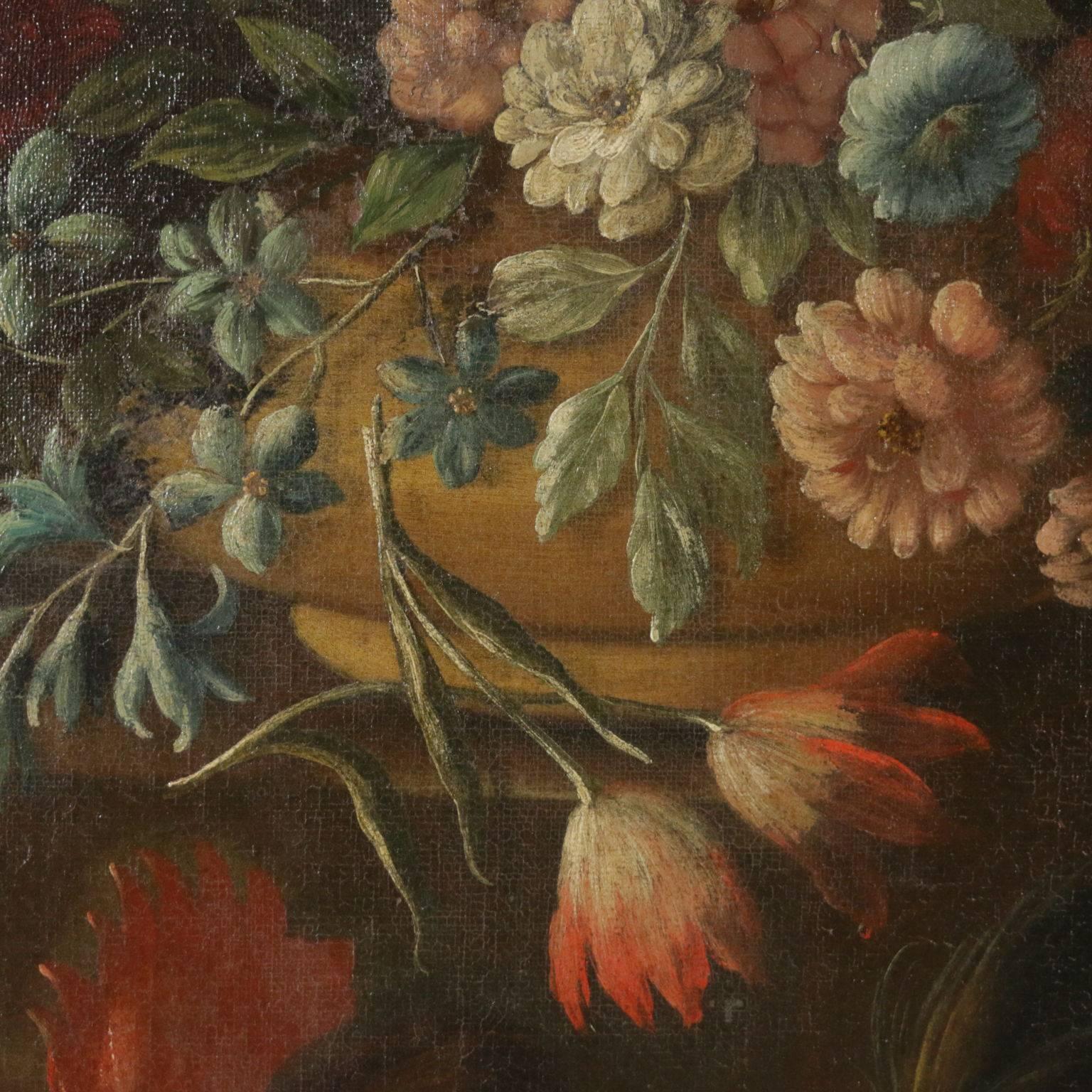 Still Life with Flowers Fruit and Roosters Giovanni Agostino Cassana 1600 - Black Still-Life Painting by Unknown