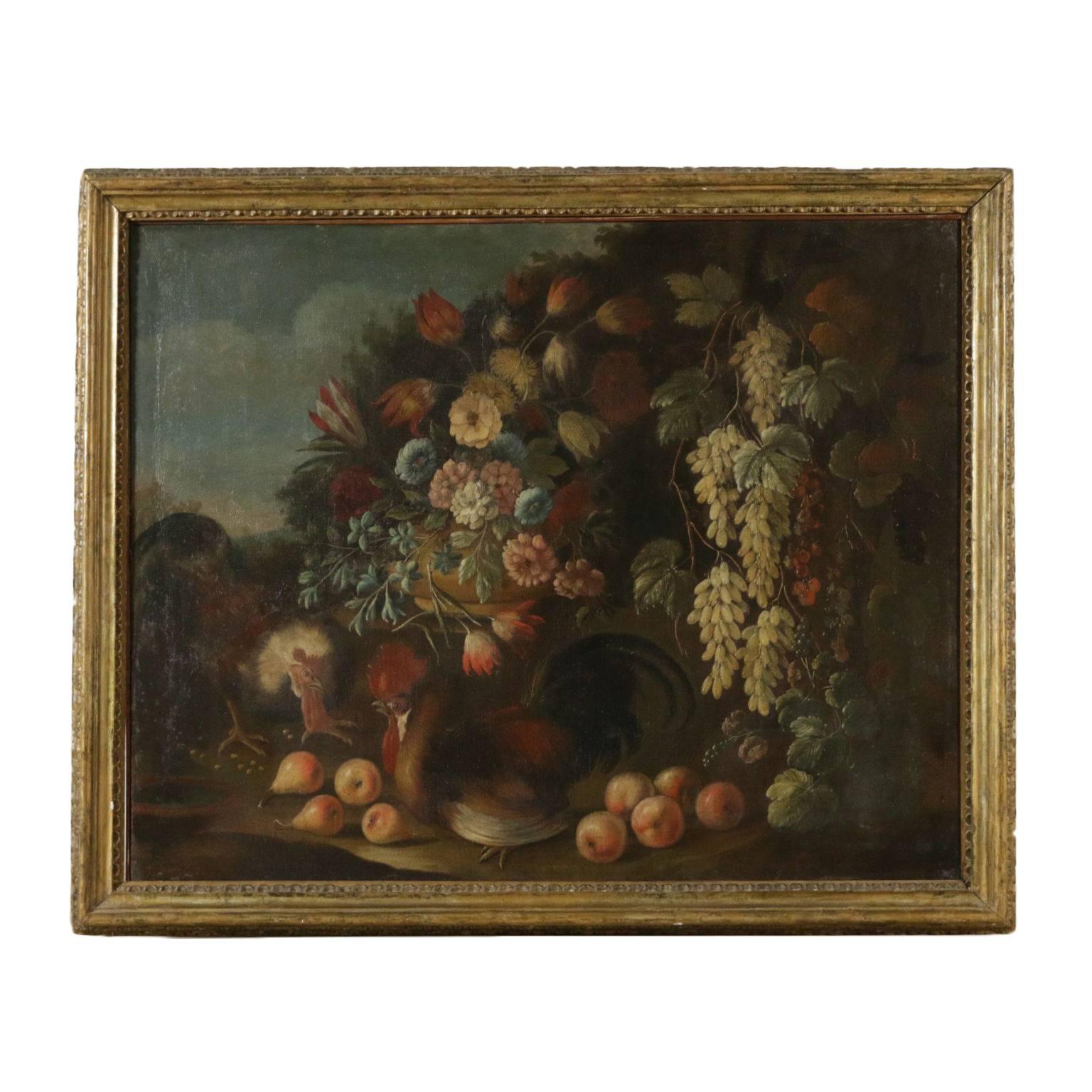 Unknown Still-Life Painting - Still Life with Flowers Fruit and Roosters Giovanni Agostino Cassana 1600