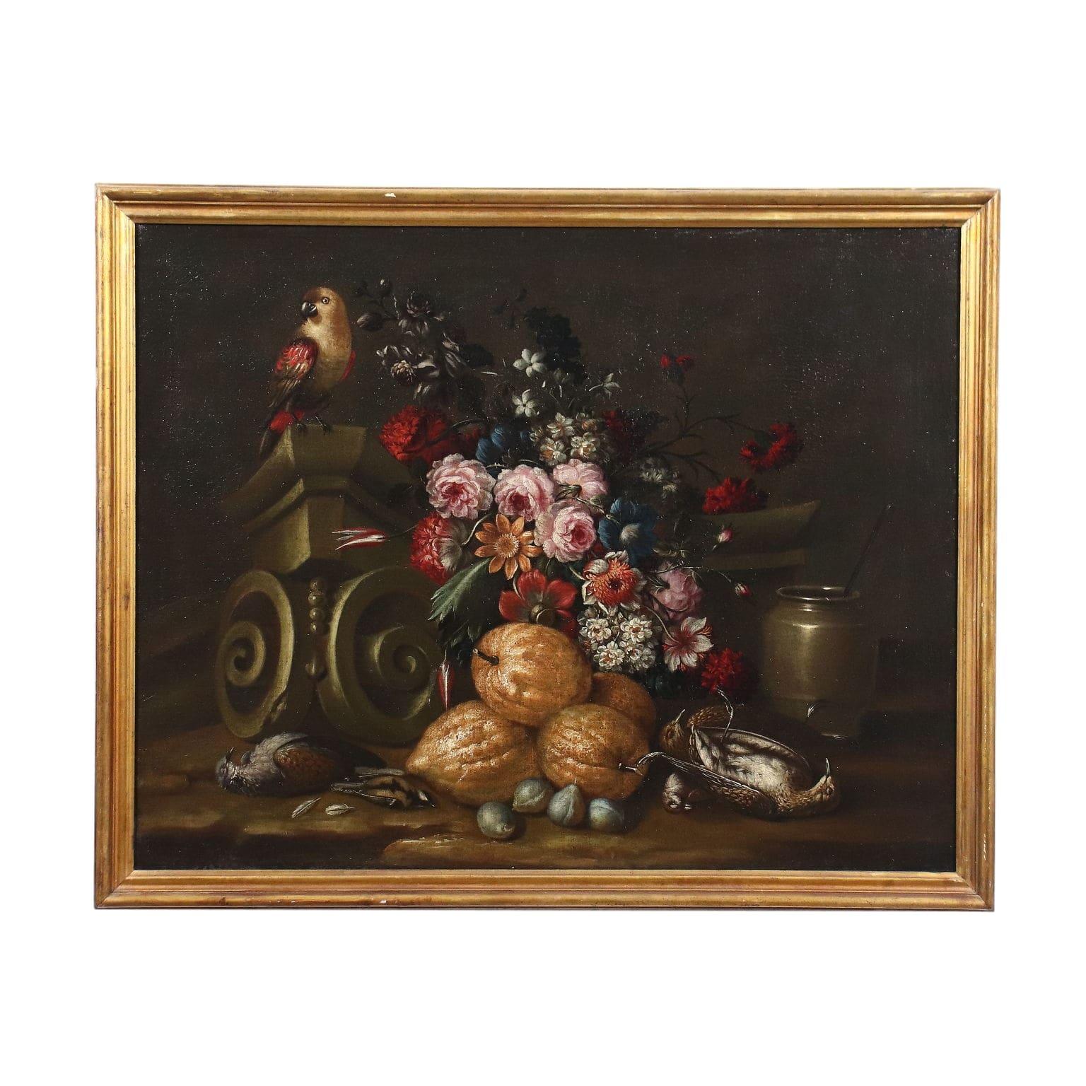 Unknown Still-Life Painting - Still Life with Flowers, Fruits and Animals