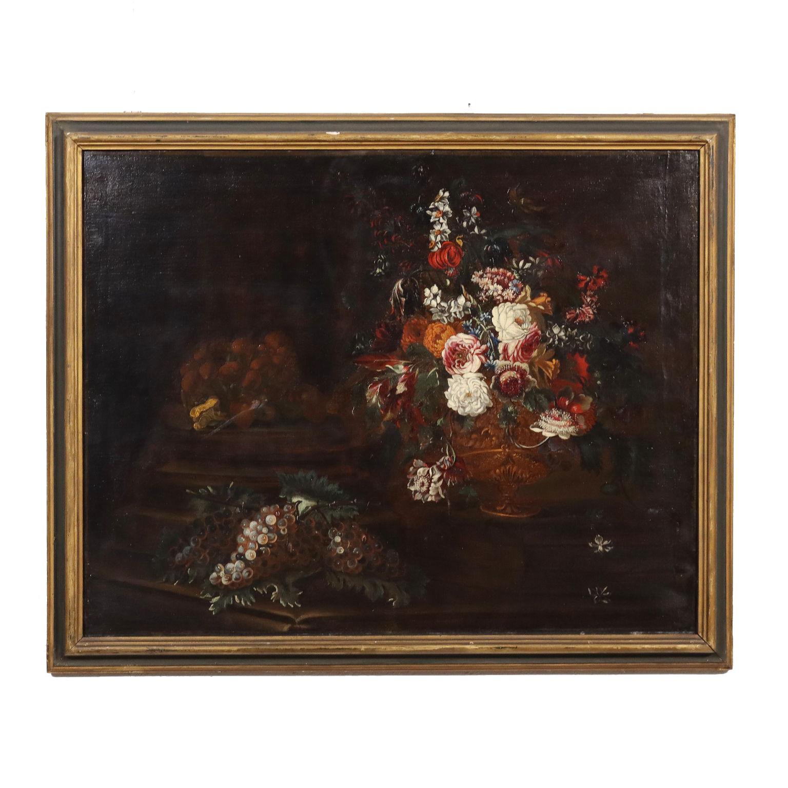 Nature morte avec fleurs, raisins et champignons, XVIIe - XVIIIe siècle