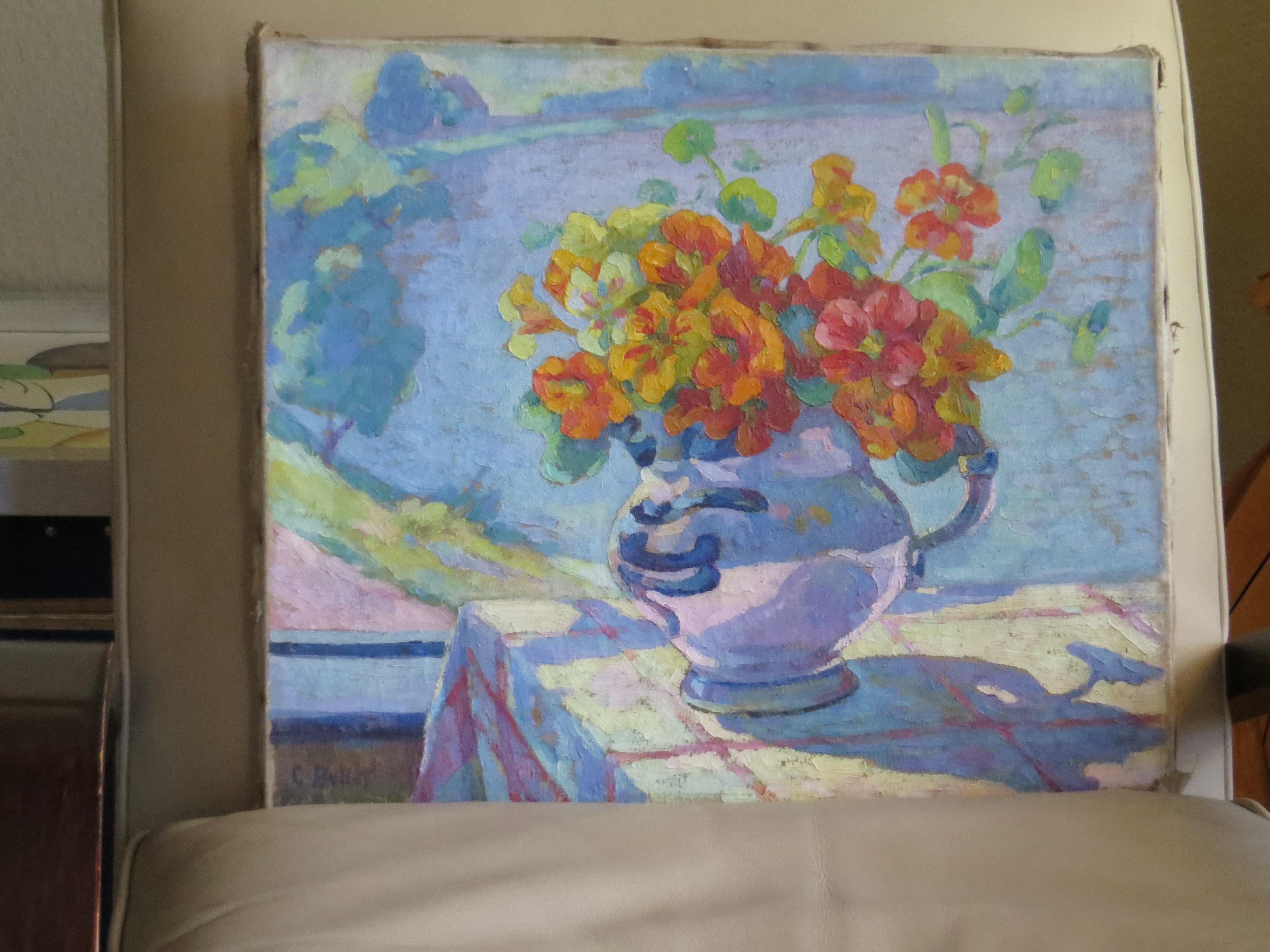 Stillleben mit Blumen, Öl auf Leinwand – Painting von Unknown