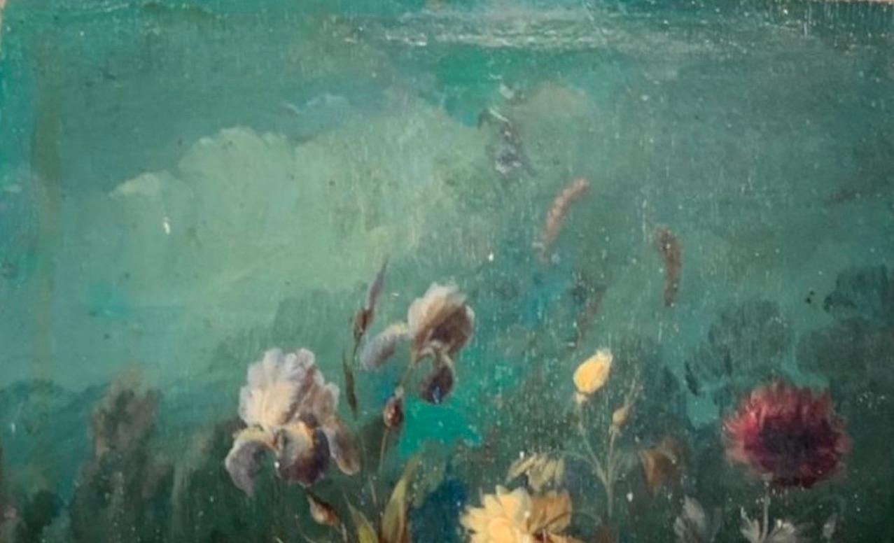 Escuela holandesa 
siglo XIX
Bodegón de flores

Óleo sobre tabla
Enmarcado: 13 ½  pulgadas x 11 ½ pulgadas (34 x 29 cm)

Este encantador bodegón floral en miniatura -posiblemente un estudio preparatorio para una composición mayor- pertenece a un