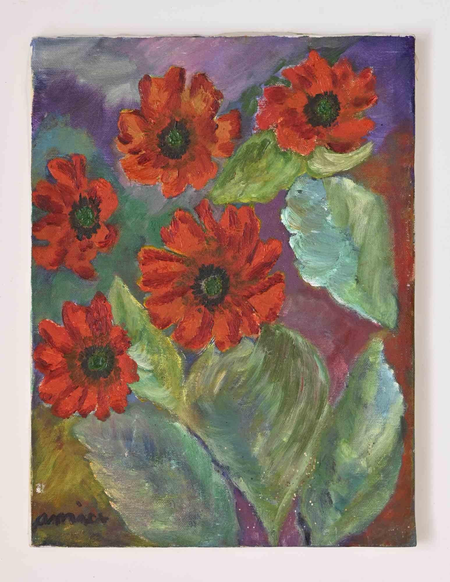 Still-Life Painting de Unknown - Naturaleza muerta con flores - Pintura al óleo - Mediados del siglo XX