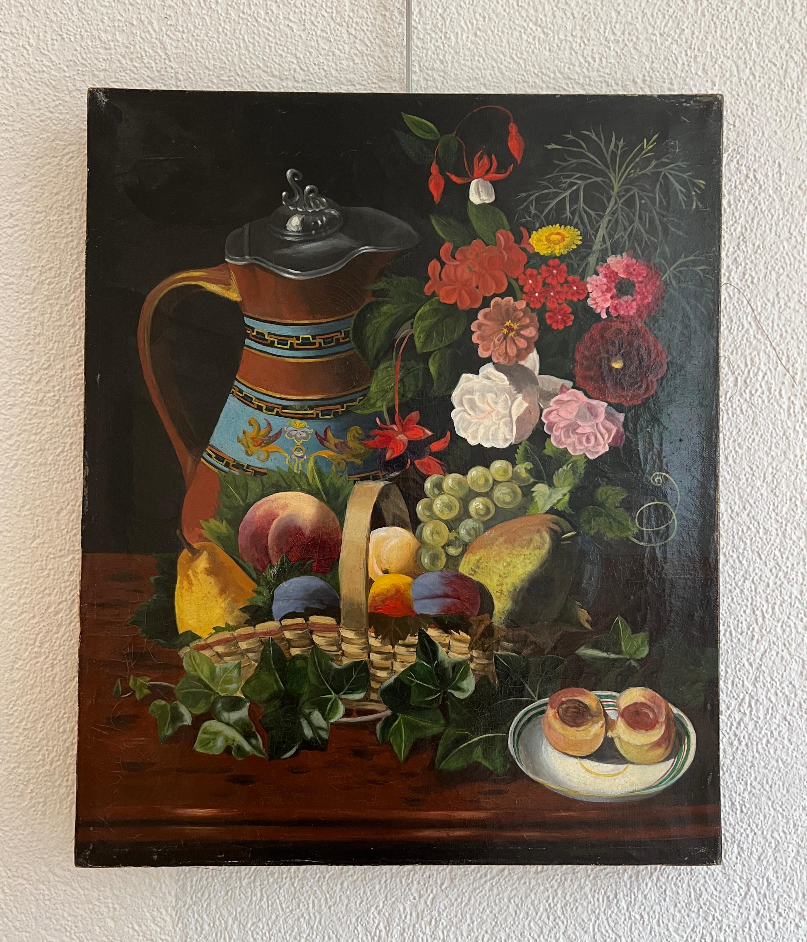 Stilleben mit Obst und Blumenstrauß – Painting von Unknown