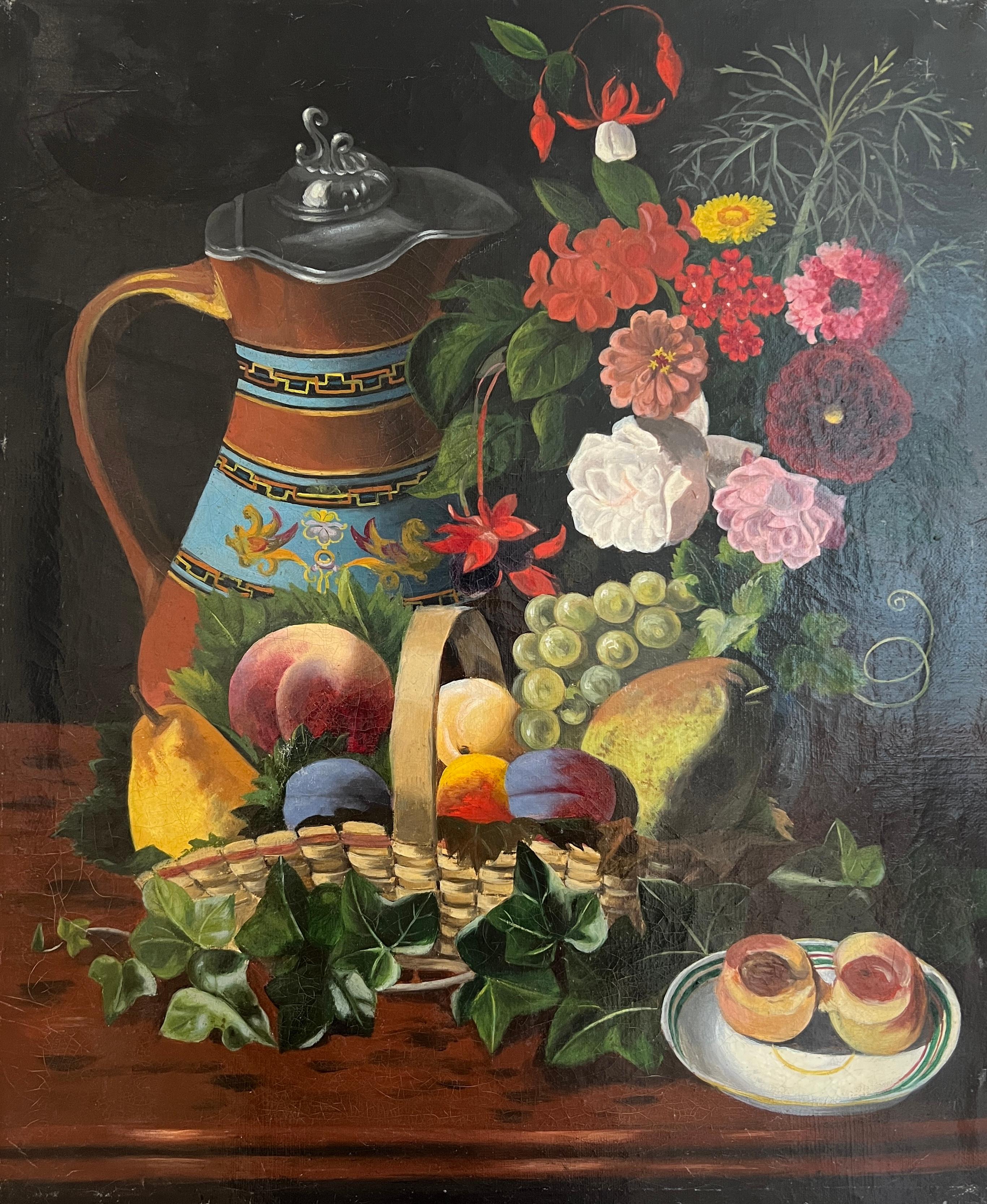 Still-Life Painting Unknown - Nature morte avec fruits et bouquet