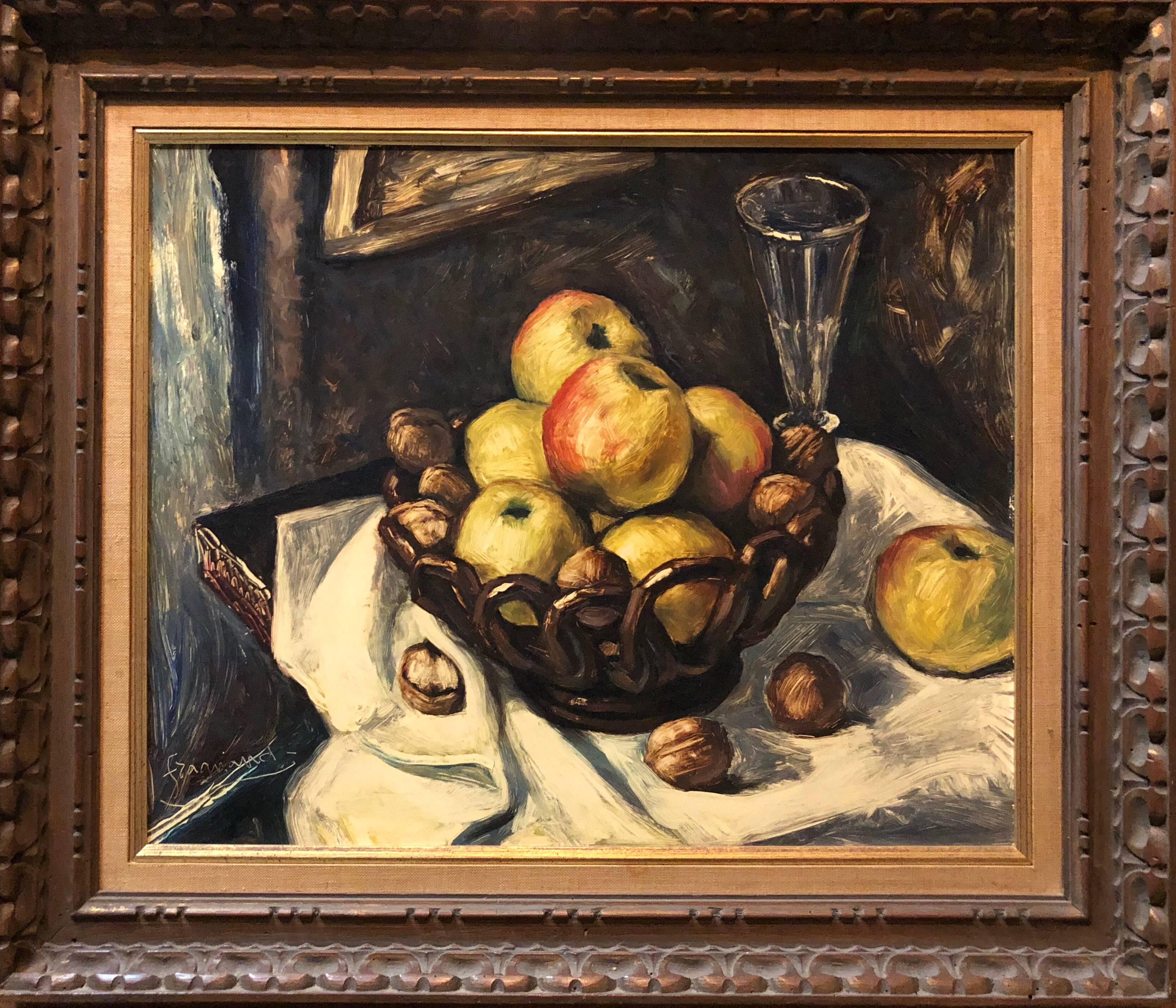 Still Life with Fruit and Nuts Modernist French Oil Painting