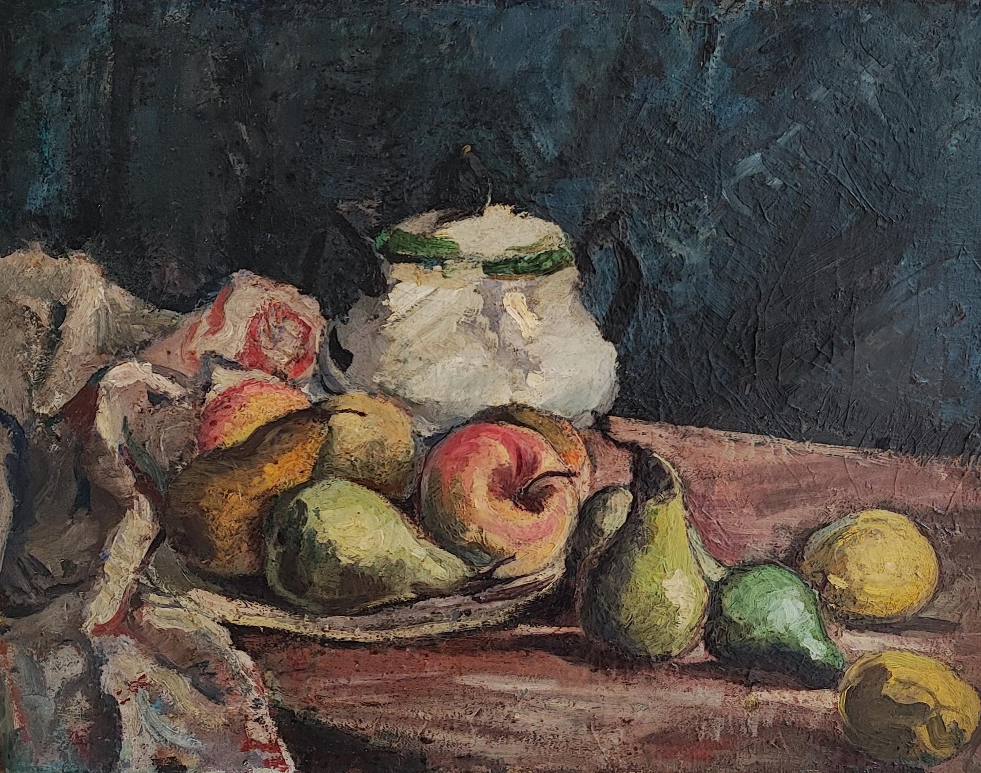 Still-Life Painting Unknown - Nature morte avec fruits et théière