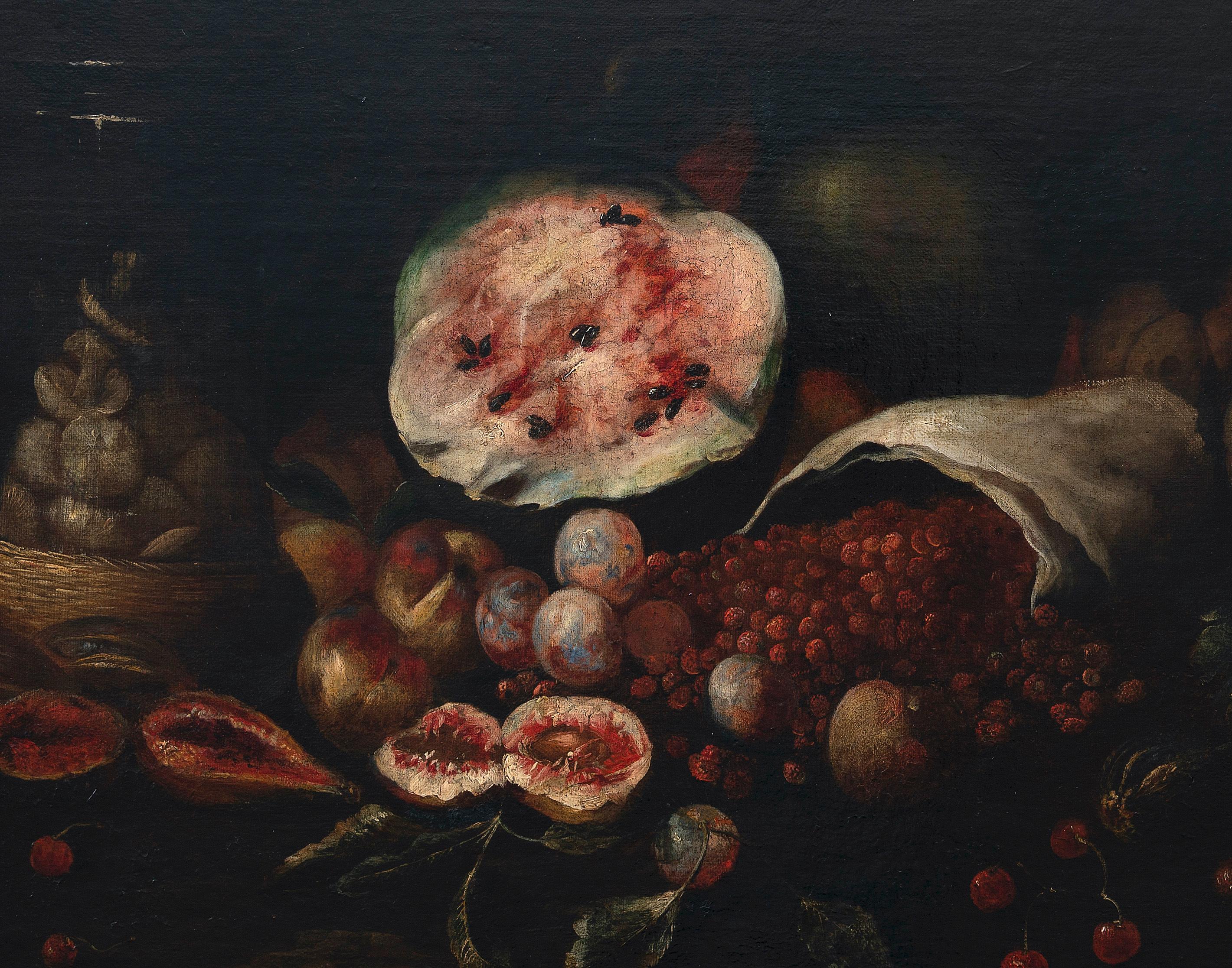 Still Life with fruits - Oil Paint On Canvas - 17th Century - Painting by Unknown