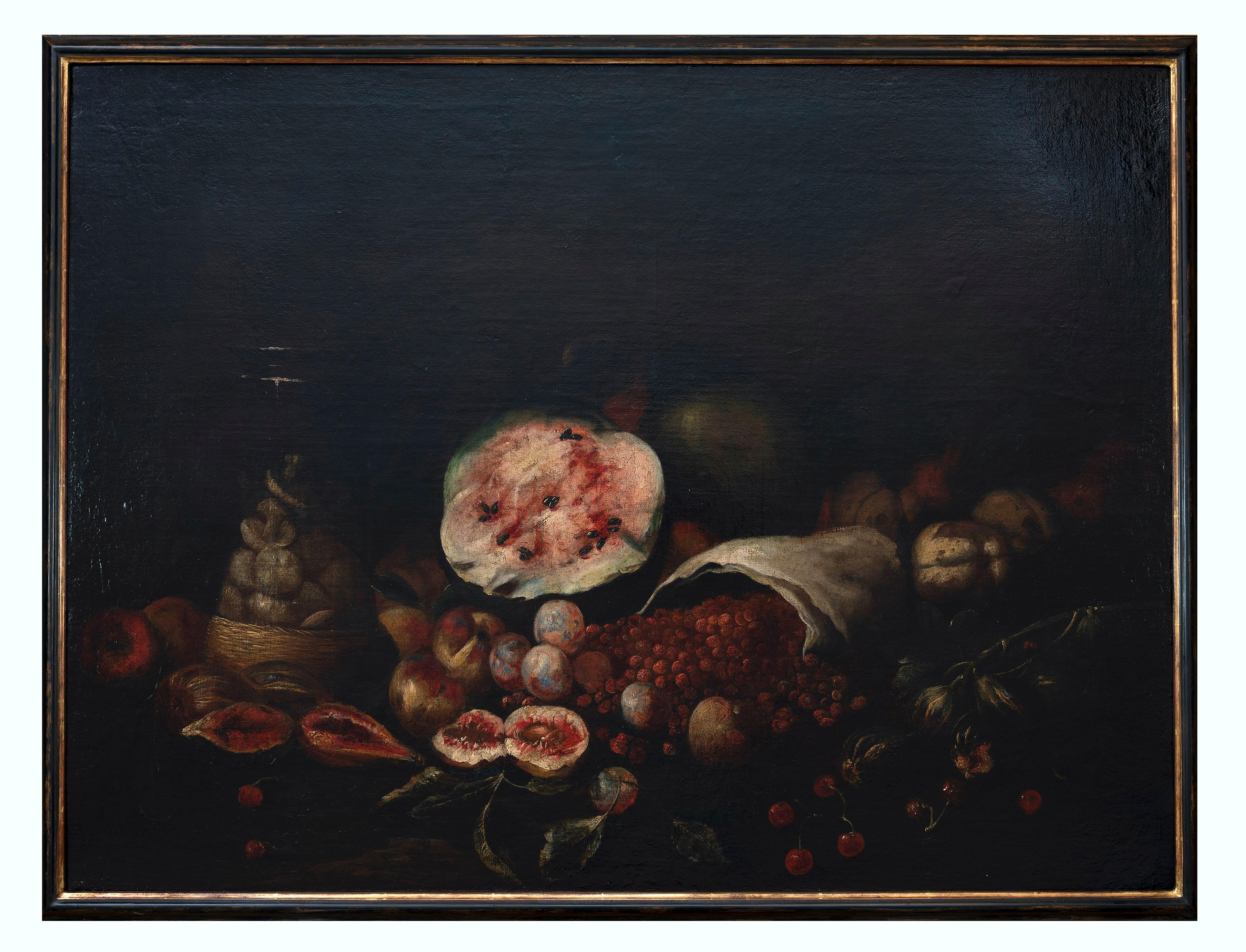 Still Life with fruits - Oil Paint On Canvas - 17th Century
