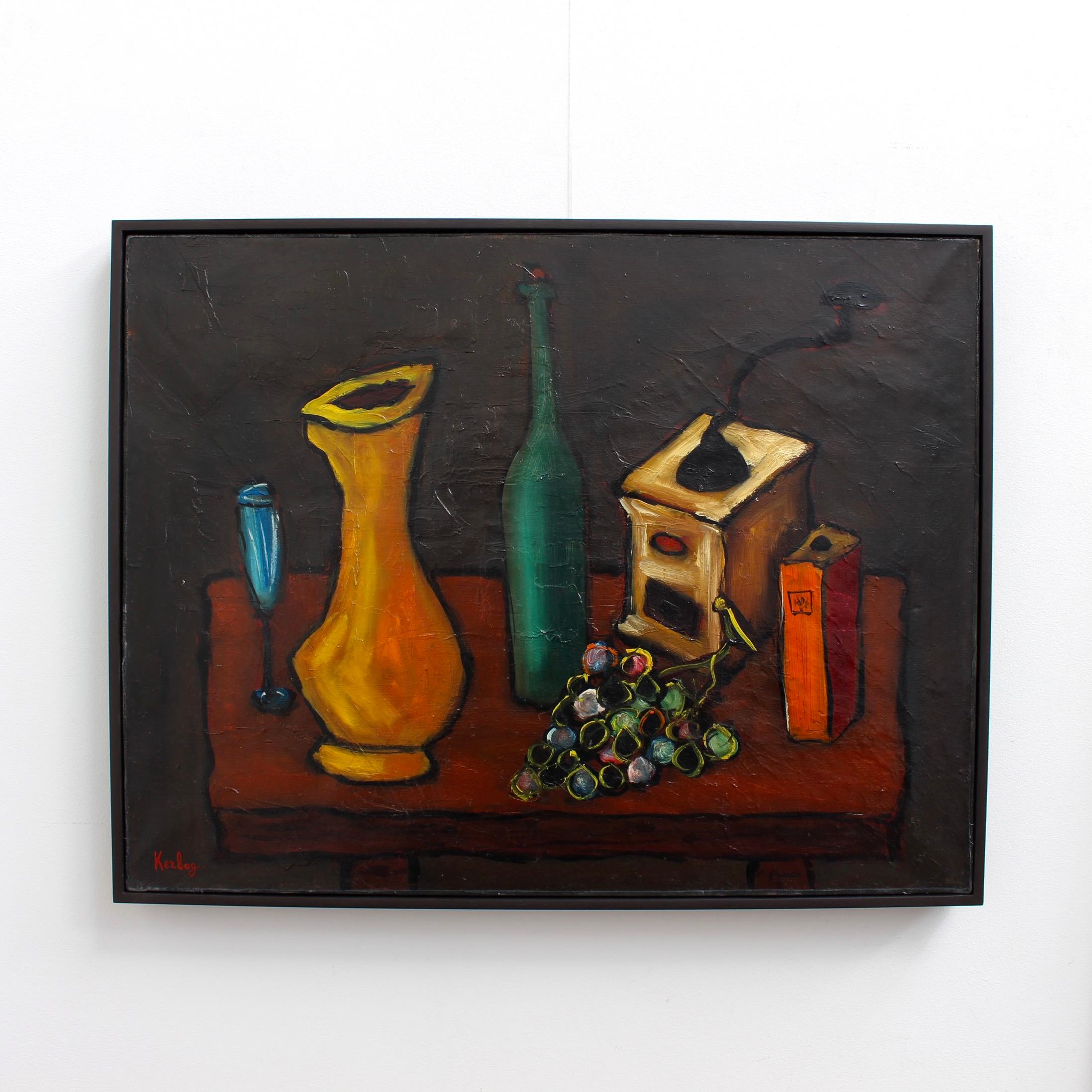 'Still Life with Grapes', oil on canvas, French School, signed 'Kerlog' (circa 1950s). A naively charming still life with vibrant colours and harmonious arrangement. The dark background prods the form and colour forward creating a sense of depth in