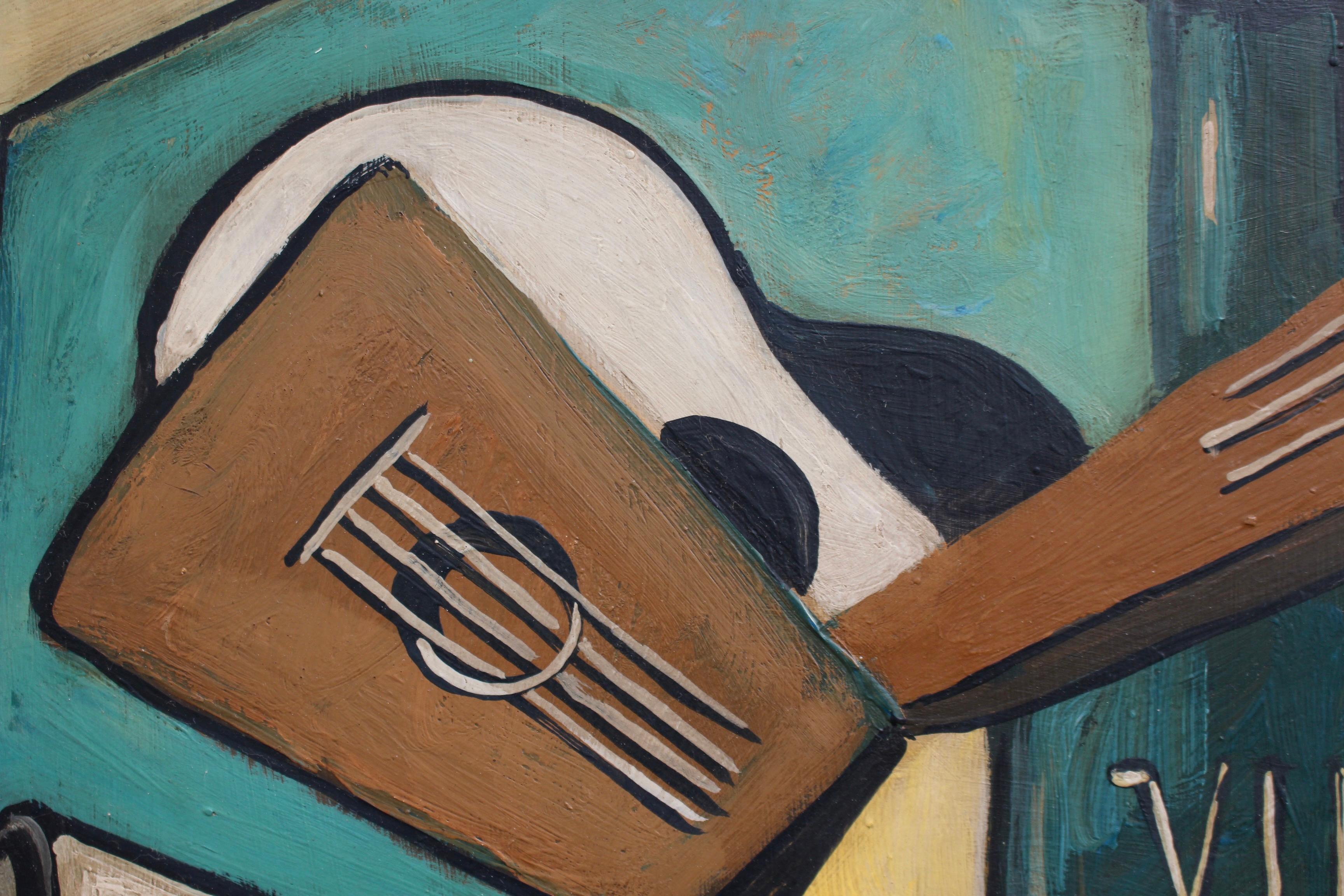 'Still Life with Guitar and Wine', oil on board, Berlin School (signed 'Demeyer'). Clearly inspired by the early cubist works of Gris, Braques and Picasso, each of whom created an artwork with similar subject in the early part of the 20th century.