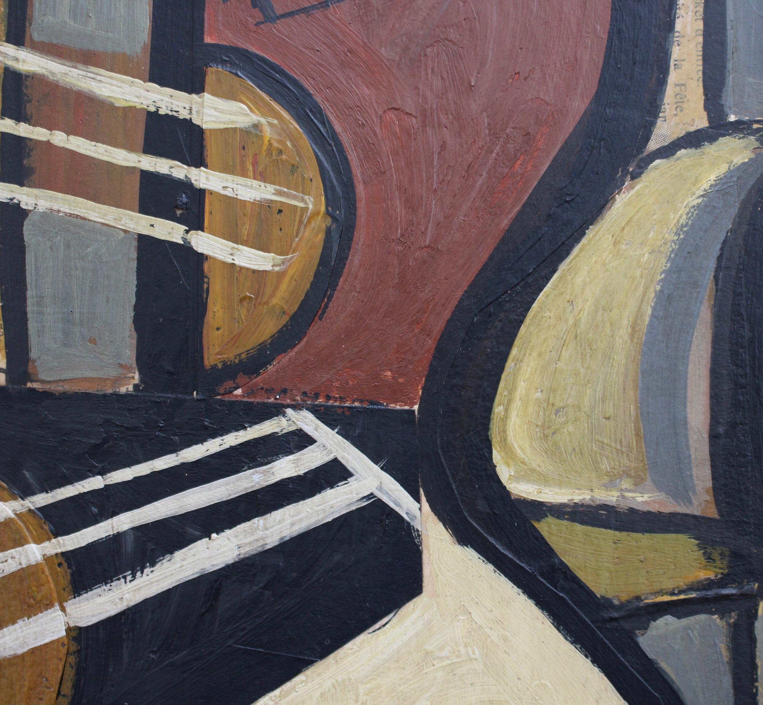 'Still Life with Guitar', oil on board, by Lacoste (circa 1950s - 1970s). Geometric shapes and lines delineate a classical guitar in vibrant colours in this post-war artwork. Inspiration surely came from Georges Braque's early work. Braque and