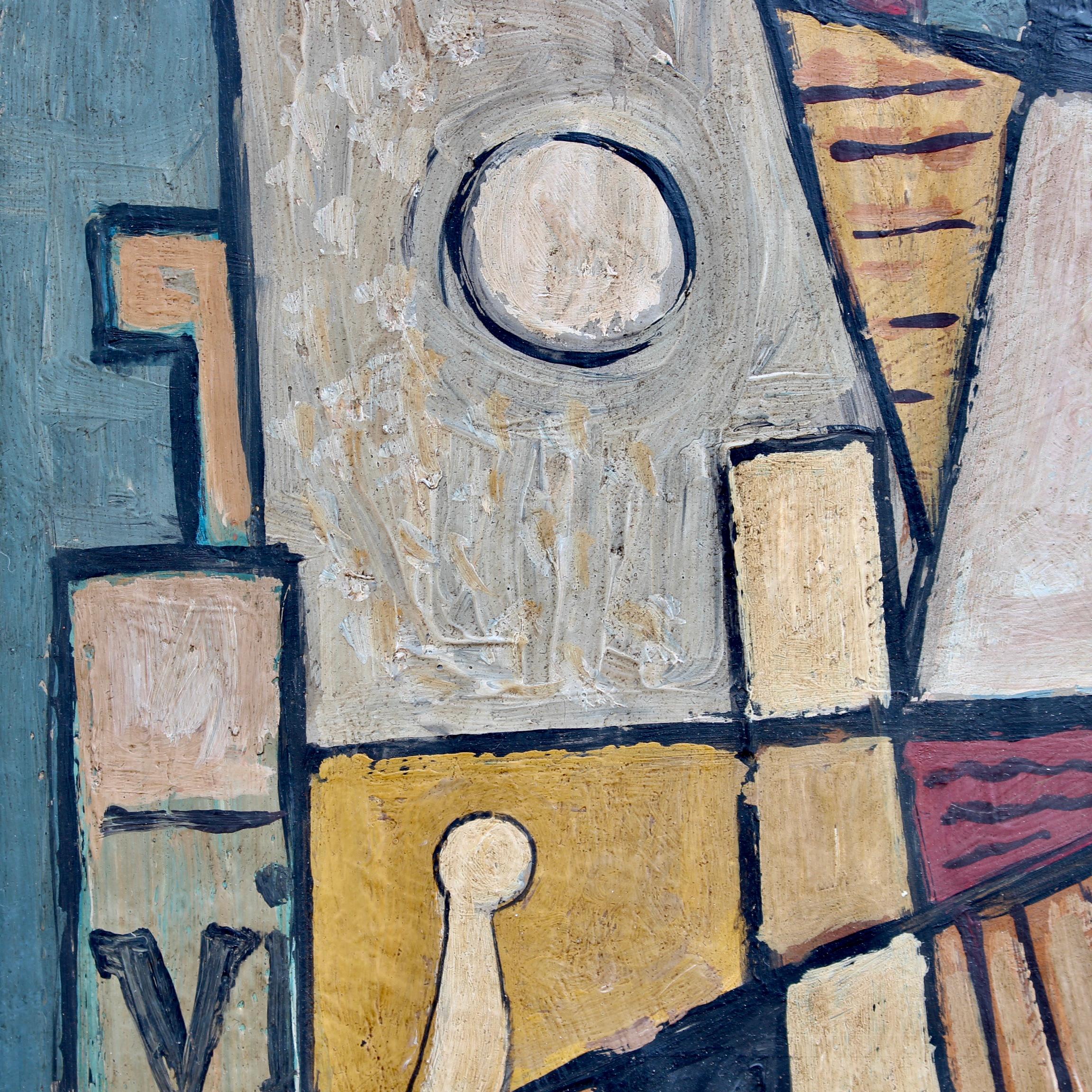 'Still Life with Guitar, Carafe and Sheet Music', oil on board (circa 1960s), by Laval. This artwork is a cubist homage to one of the founders of the movement, Juan Gris (1887 - 1927). Cubism started with Braque (1882 - 1963) and Picasso (1891 -