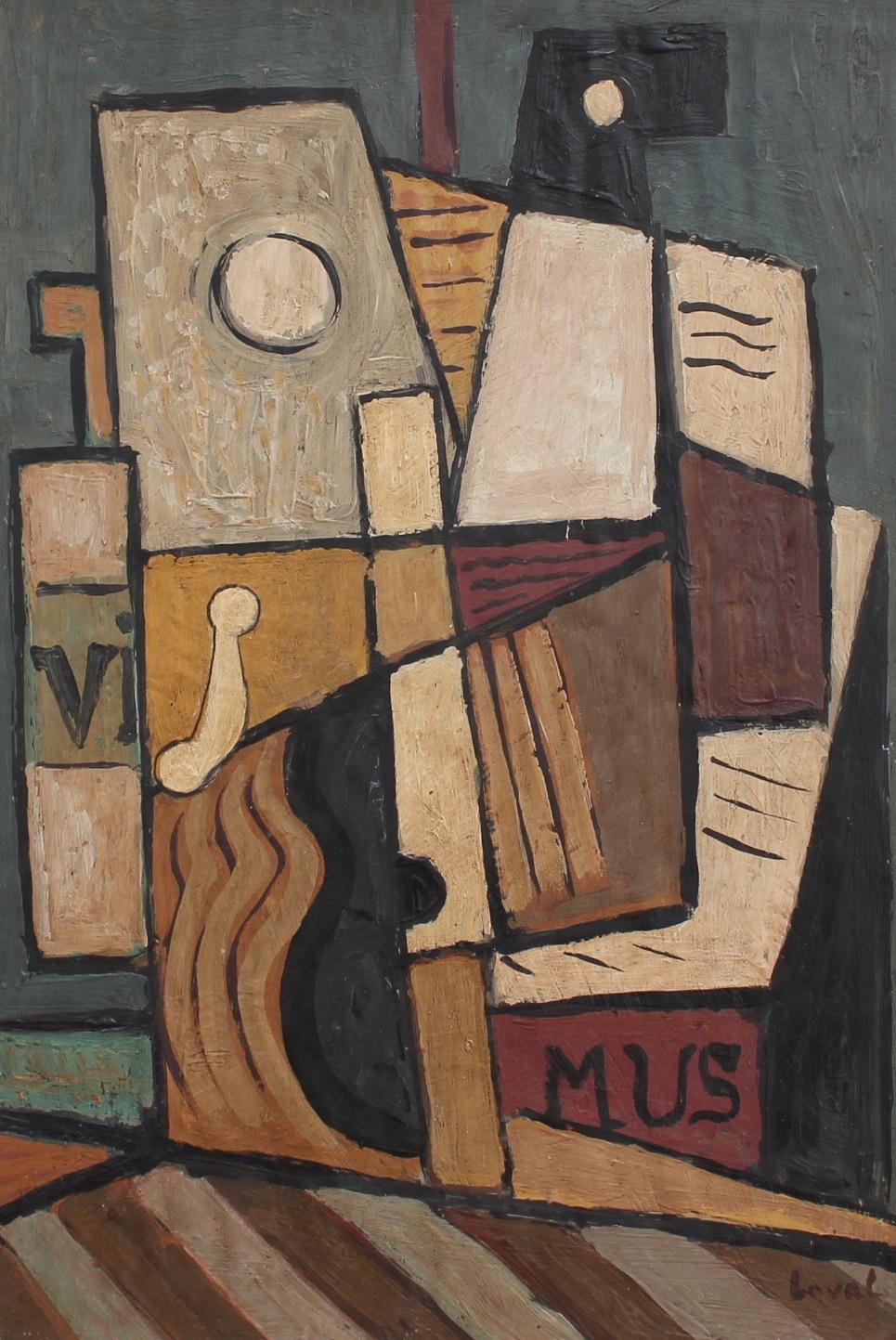 Unknown Abstract Painting - 'Still Life with Guitar, Carafe and Sheet Music' by Laval