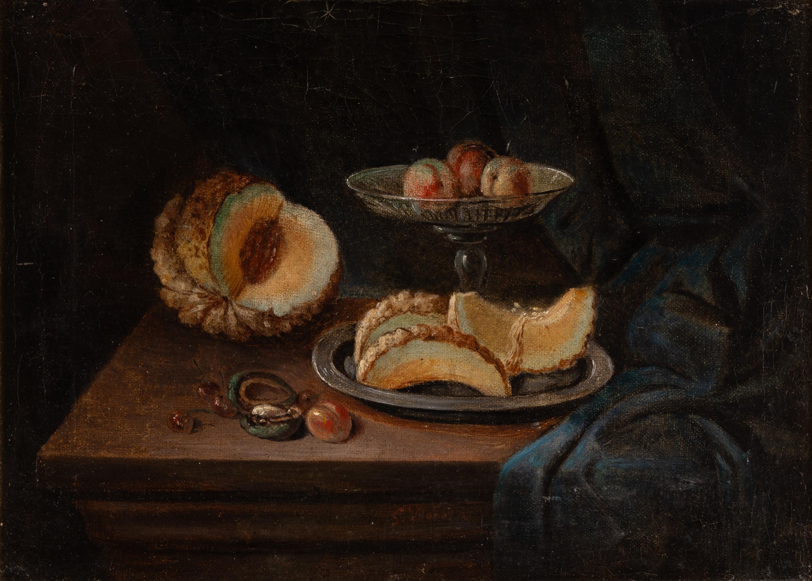 Still Life with Melon and Peaches, Classical 19th Century Oil Painting