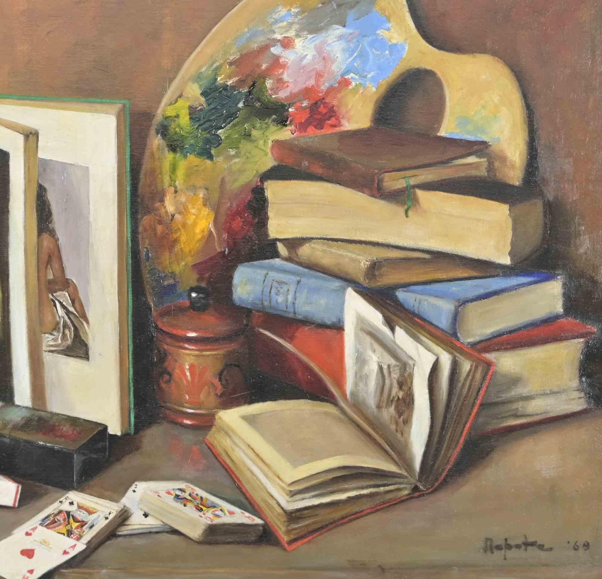 Still Life with Palette and Books - Oil on Canvas -  1969 - Painting by Unknown