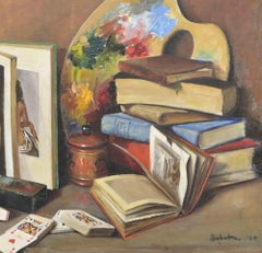 Bodegón con paleta y libros - Óleo sobre lienzo - 1969