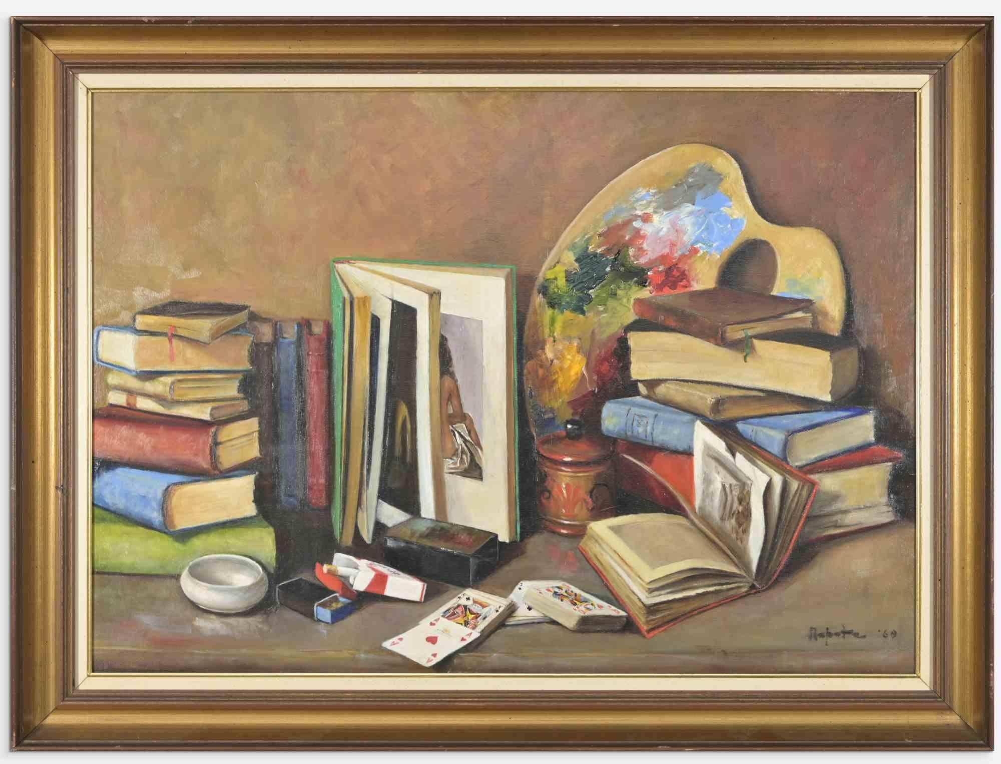 Unknown Still-Life Painting - Still Life with Palette and Books - Oil on Canvas -  1969