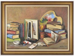 Vintage Still Life with Palette and Books - Oil on Canvas -  1969