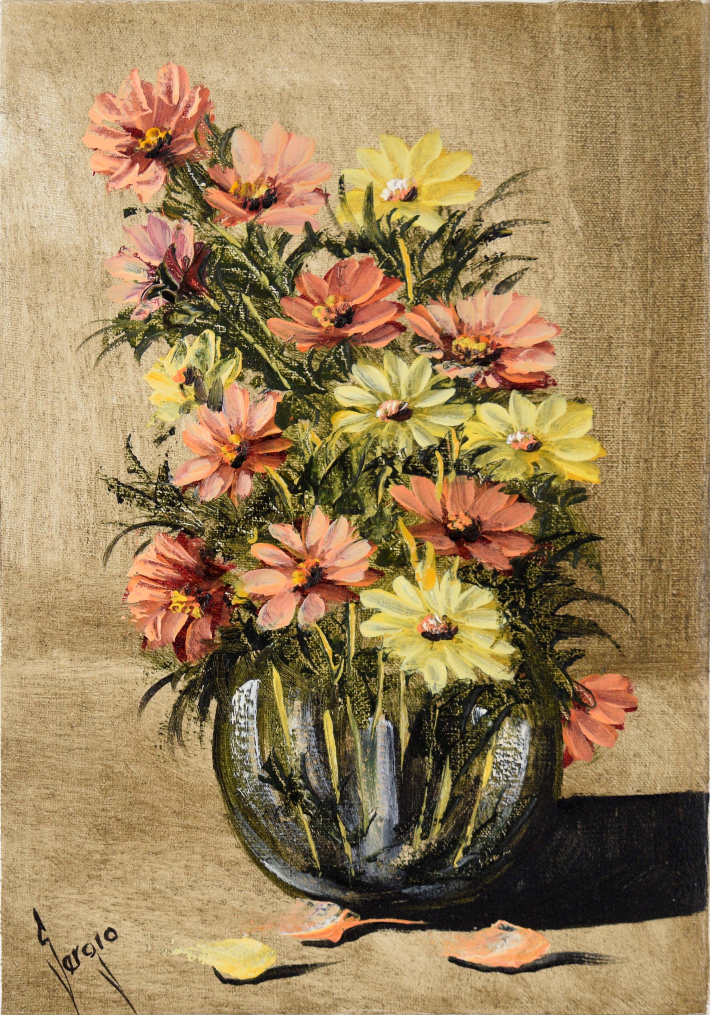 Unknown Still-Life Painting - Still Life with Pink and Yellow Flowers in Oil on Canvas