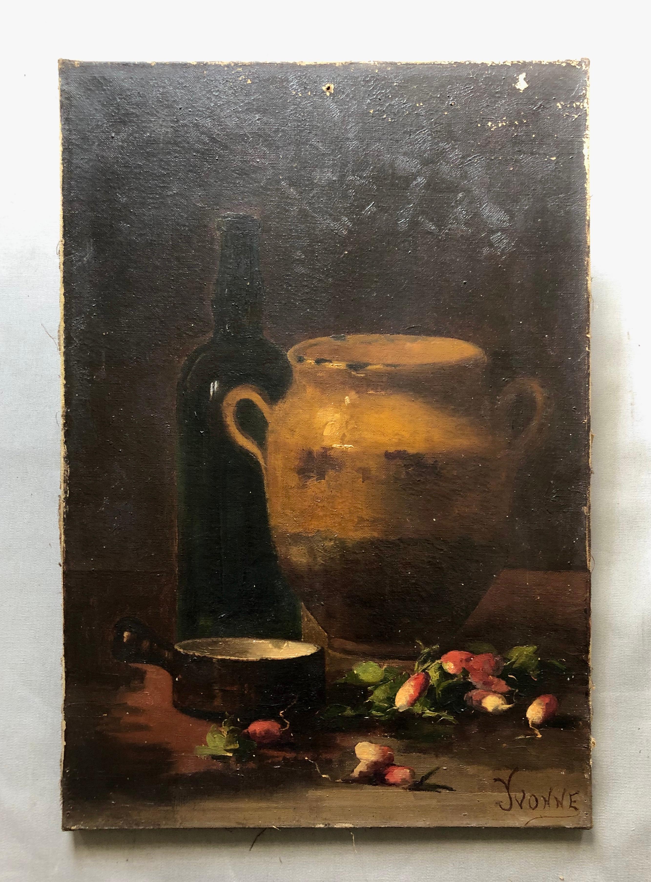 Still Life With Radishes, Oil On Canvas 19th Century Signed Yvonne - Painting by Unknown