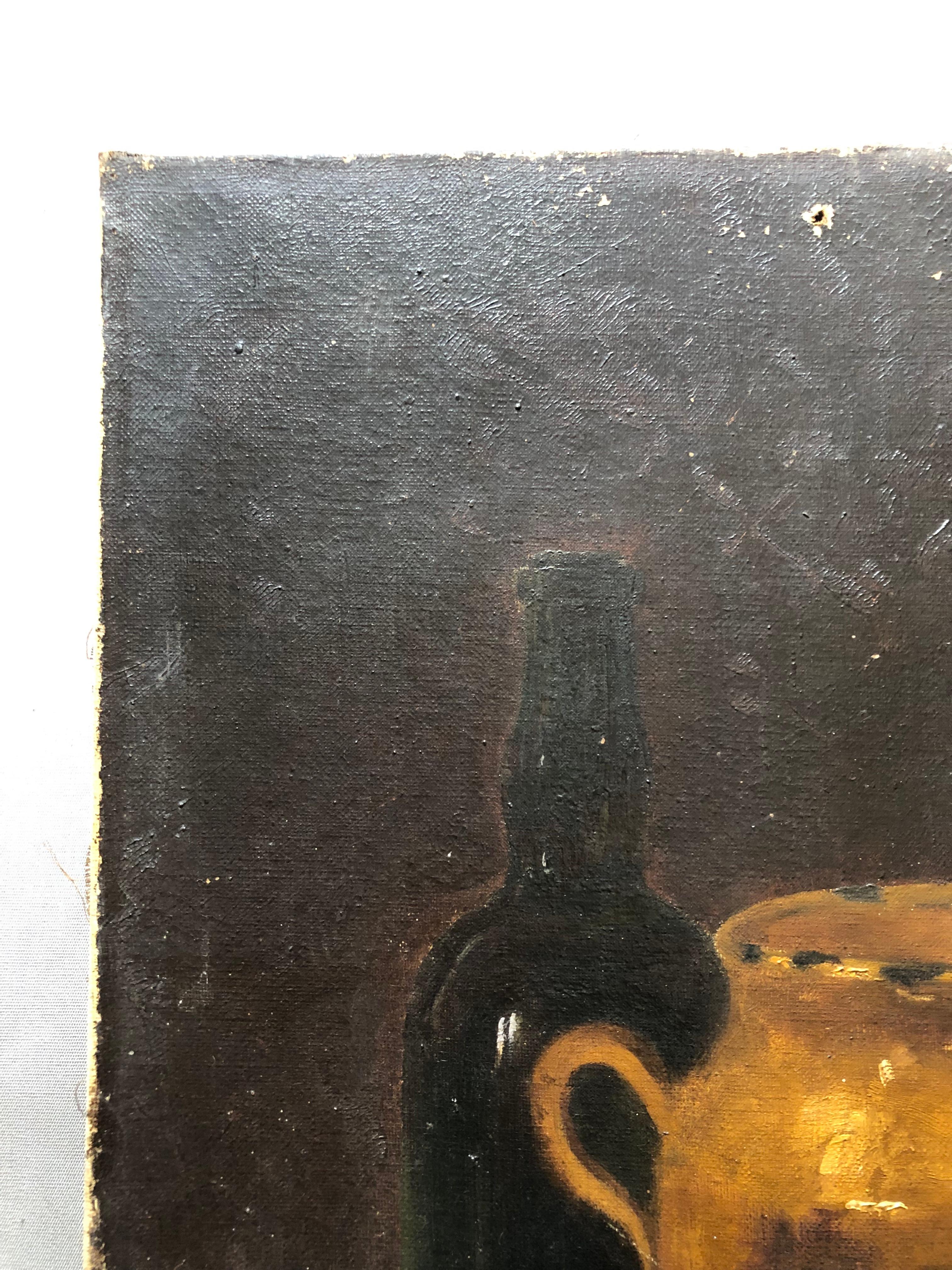 Stilleben mit Radieschen.
19. Jahrhundert Öl auf Leinwand signiert Yvonne.
Ein Loch in der oberen Mitte.
Risse und kleine Farbverluste an der Oberseite.
55 x 38 cm