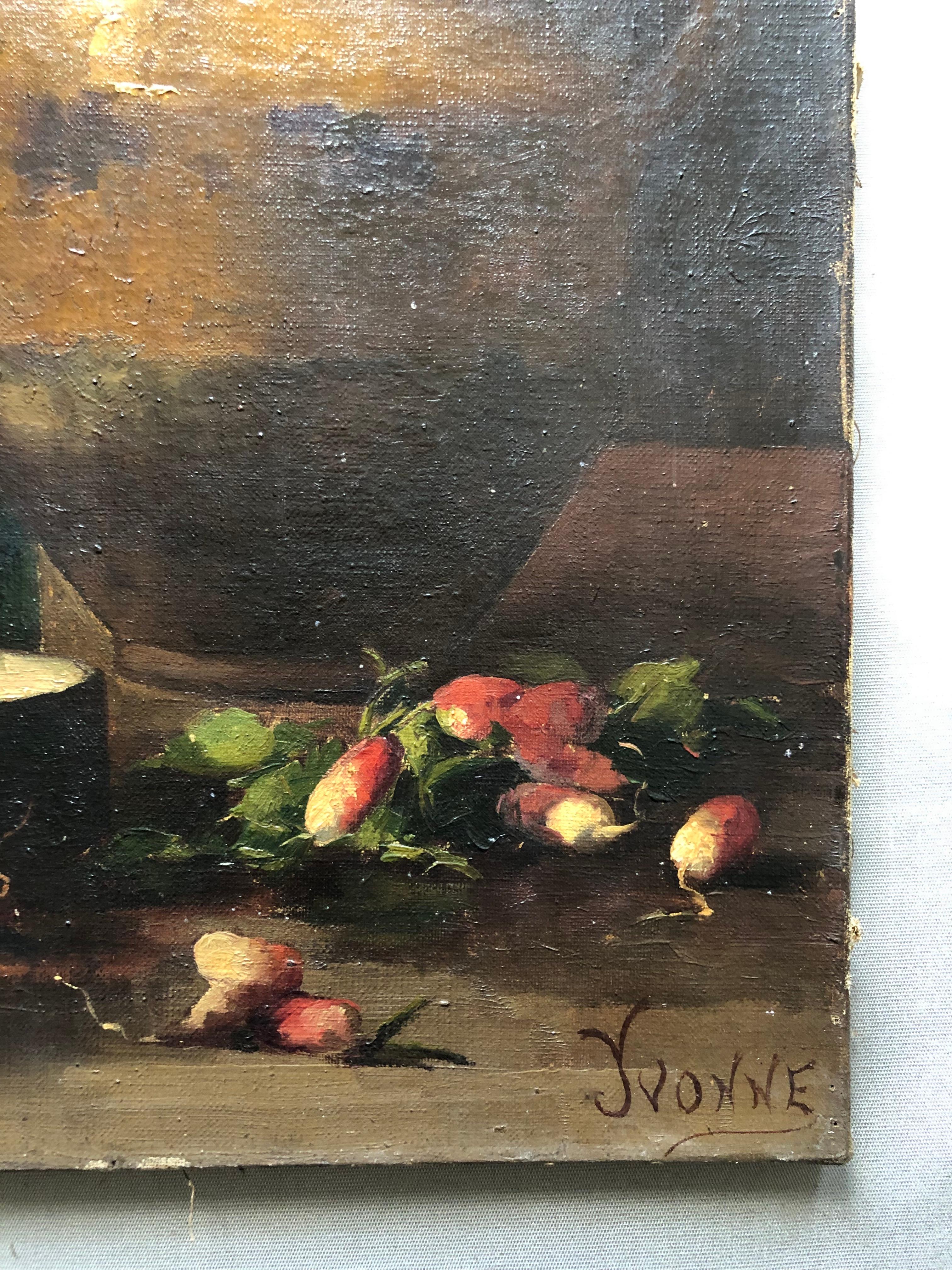 Still Life With Radishes, Oil On Canvas 19th Century Signed Yvonne 2