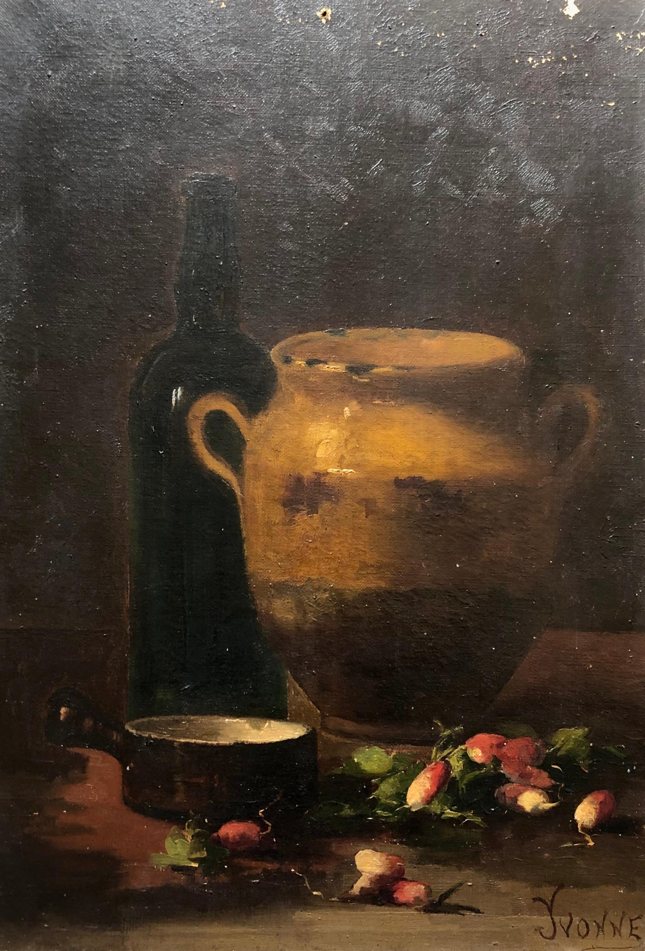 Unknown Still-Life Painting - Still Life With Radishes, Oil On Canvas 19th Century Signed Yvonne