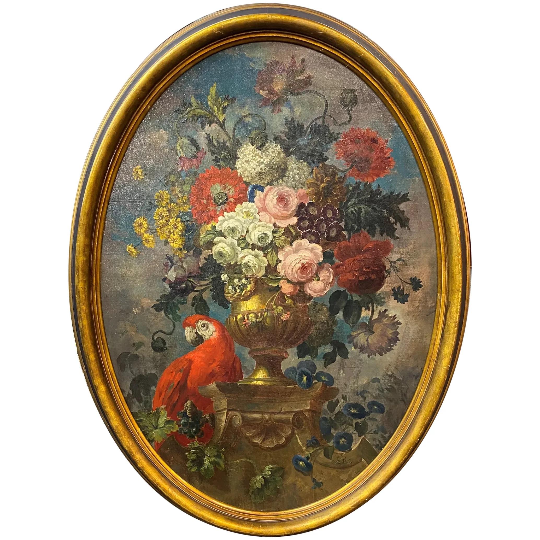 Still Life with Red Parrot & Flowers