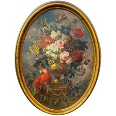Still Life with Red Parrot & Flowers