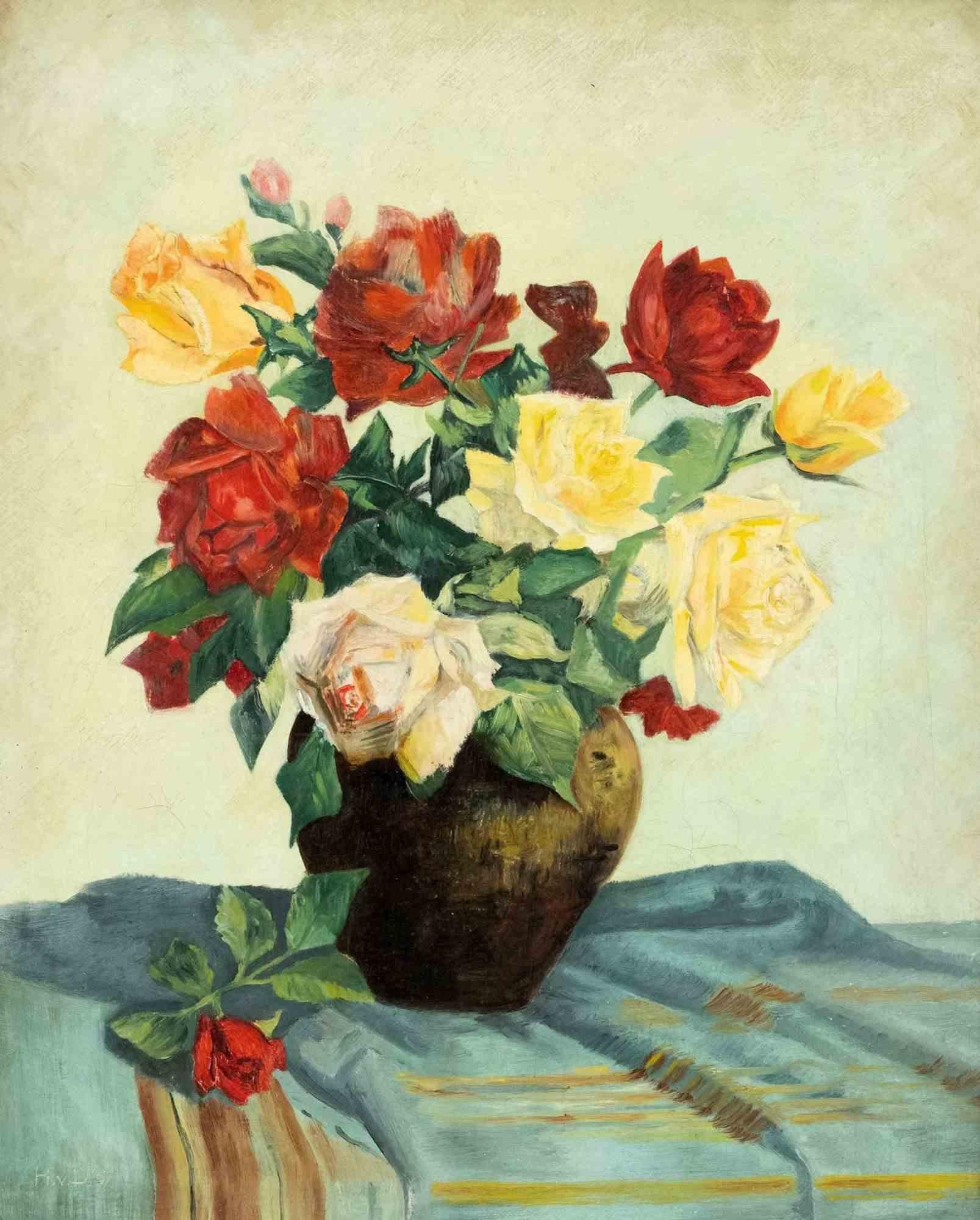 Unknown Figurative Painting - Still Life With  Roses -  Oil Painting - 1950 ca