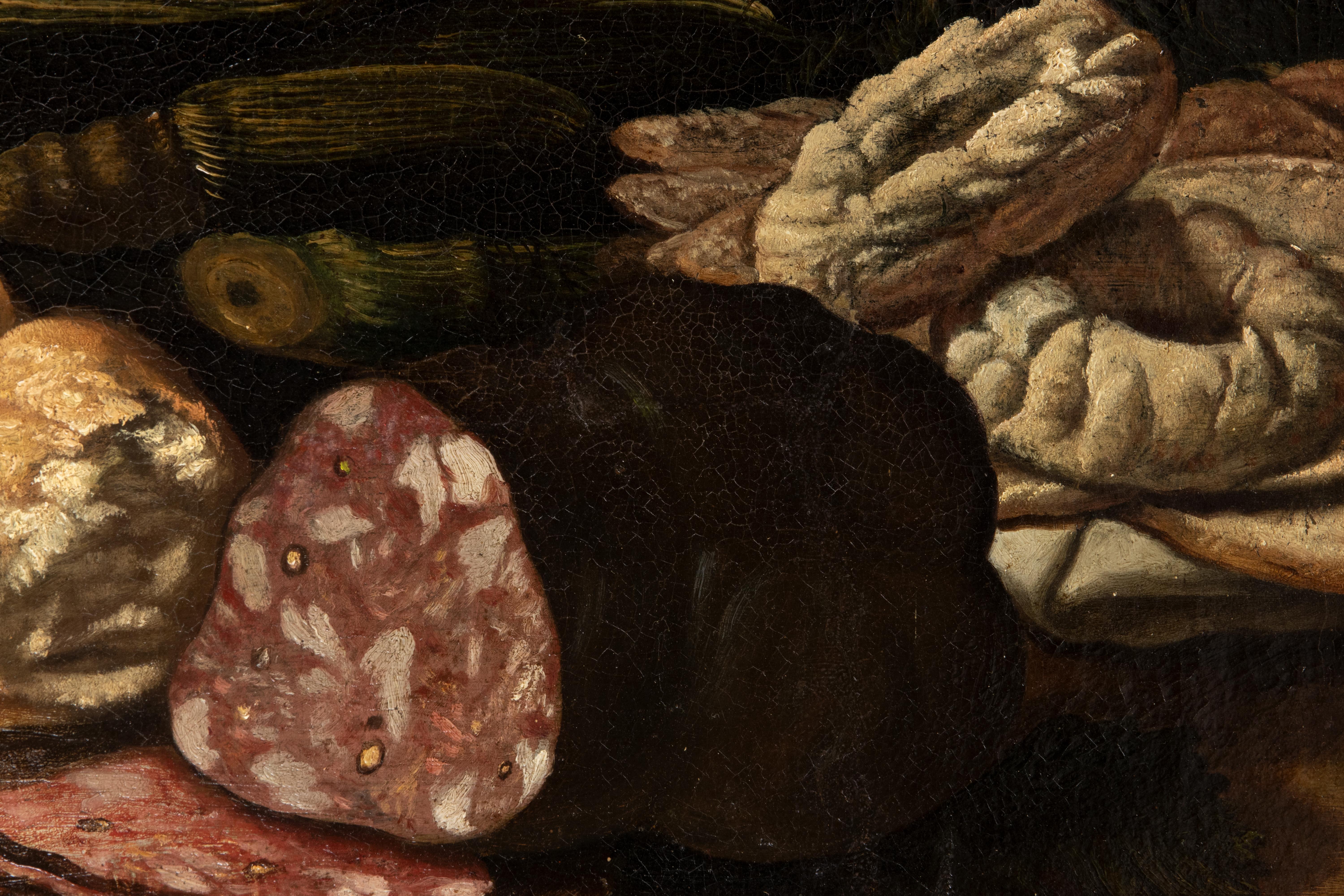 Natura morta con salame, pane, biscotti e bottiglie di vetro - pittura ad olio - XVII secolo - Still-Life Painting Nero di Unknown