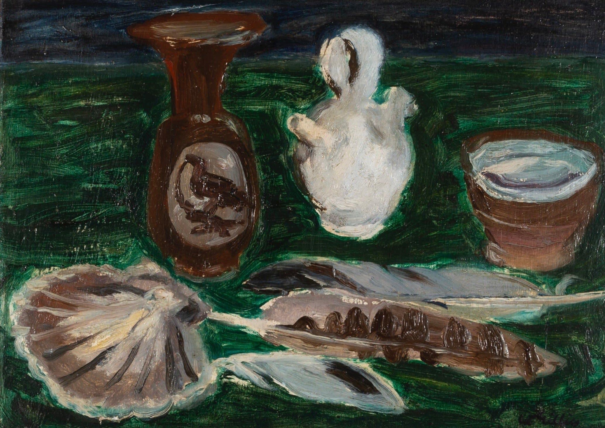 Stillleben mit Muscheln und Federn, Ölkartongemälde von William George Gillies – Painting von Unknown