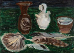 Still Life with Shell and Feathers, Oil Board Painting by William George Gillies