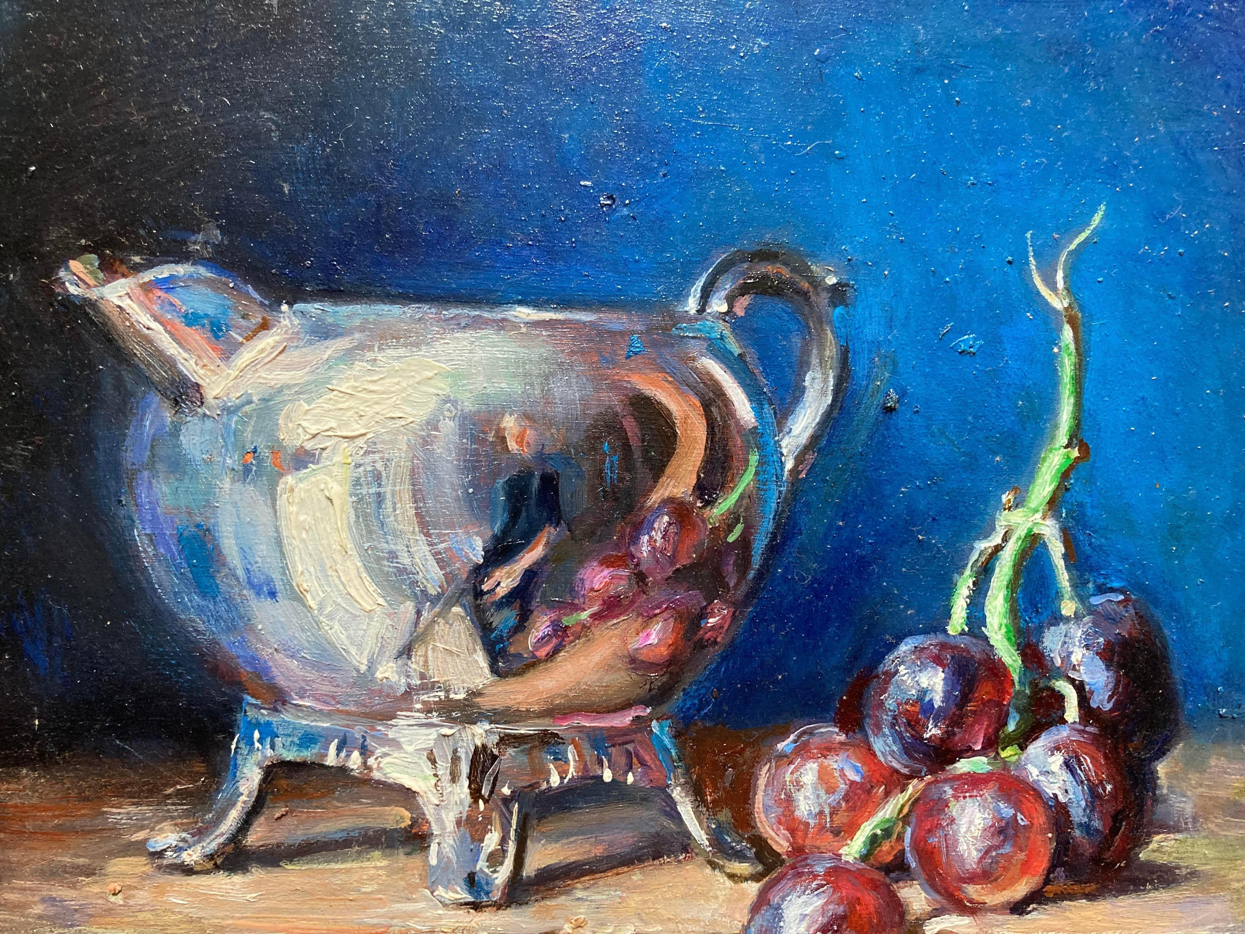 Stillleben mit Silber und Trauben (Öl auf Karton Stillleben Gemälde, Russland) (Impressionismus), Painting, von Unknown
