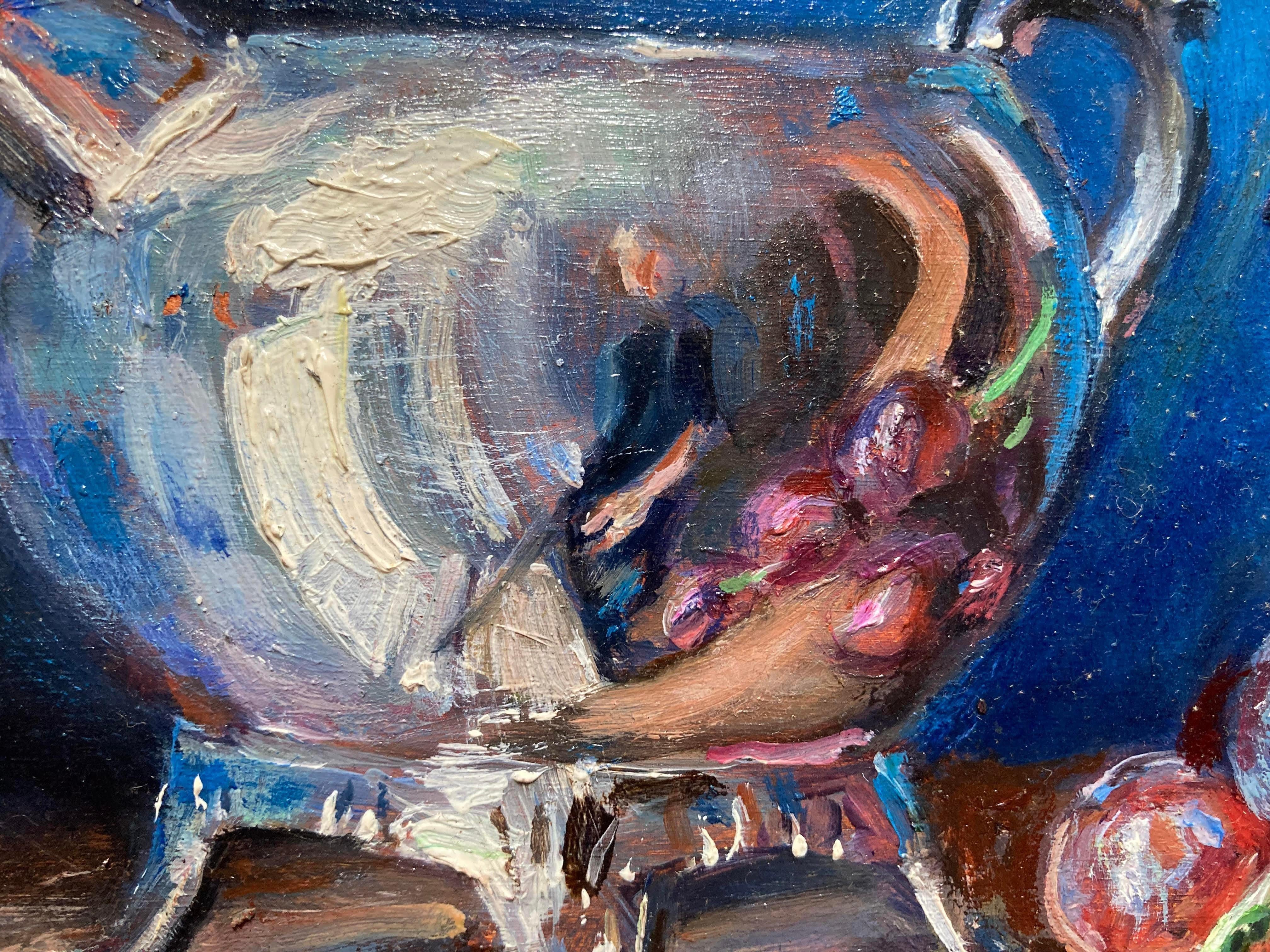 Stillleben mit Silber und Trauben (Öl auf Karton Stillleben Gemälde, Russland) (Violett), Still-Life Painting, von Unknown