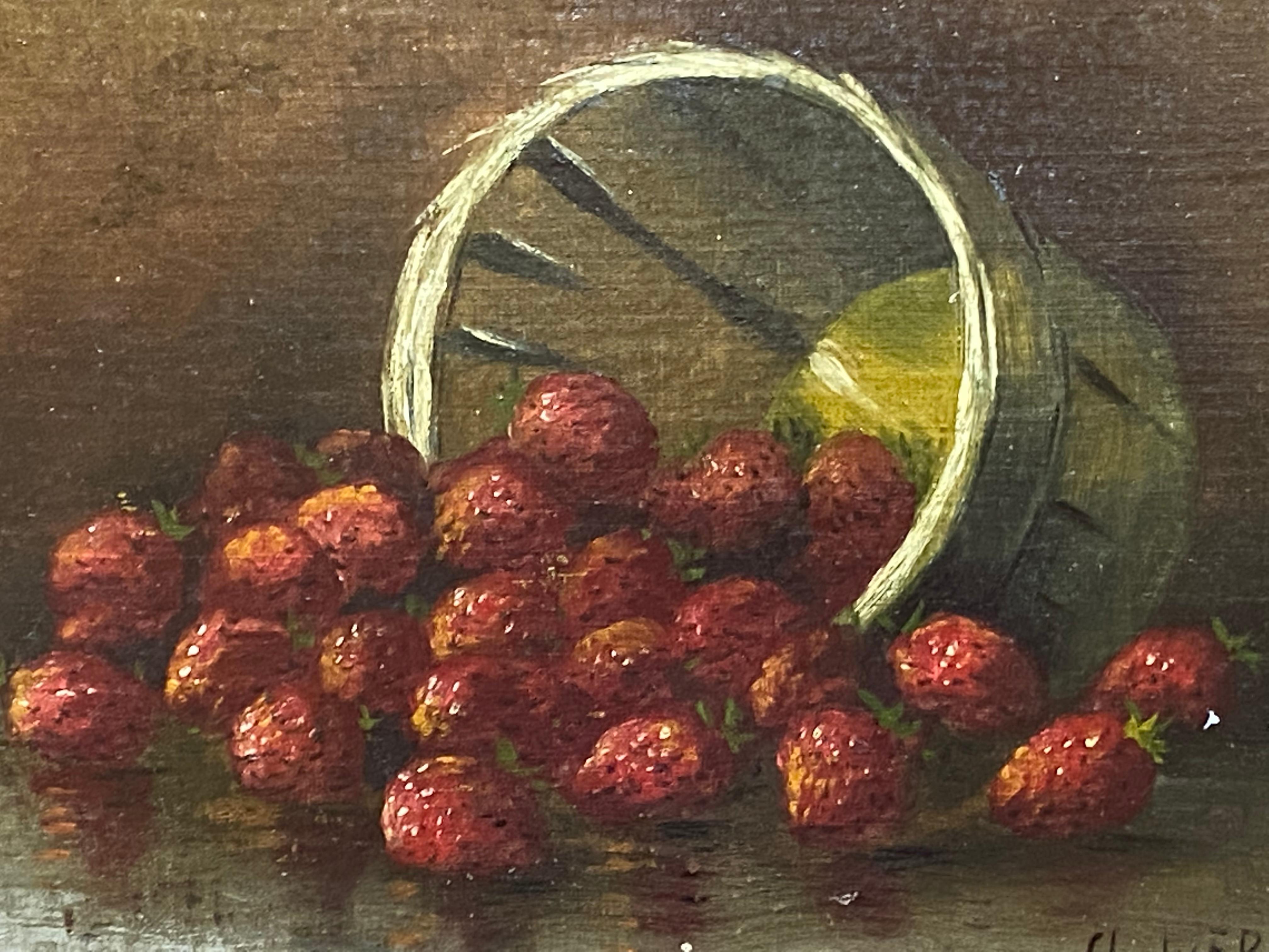 Very nicely executed original still life oil painting on fiberboard of strawberries by an unknown artist. Signed lower right, Charles Burch. I believe this painting is quite possibly the work of Edward Pritchard, the Wales born artist but who spent