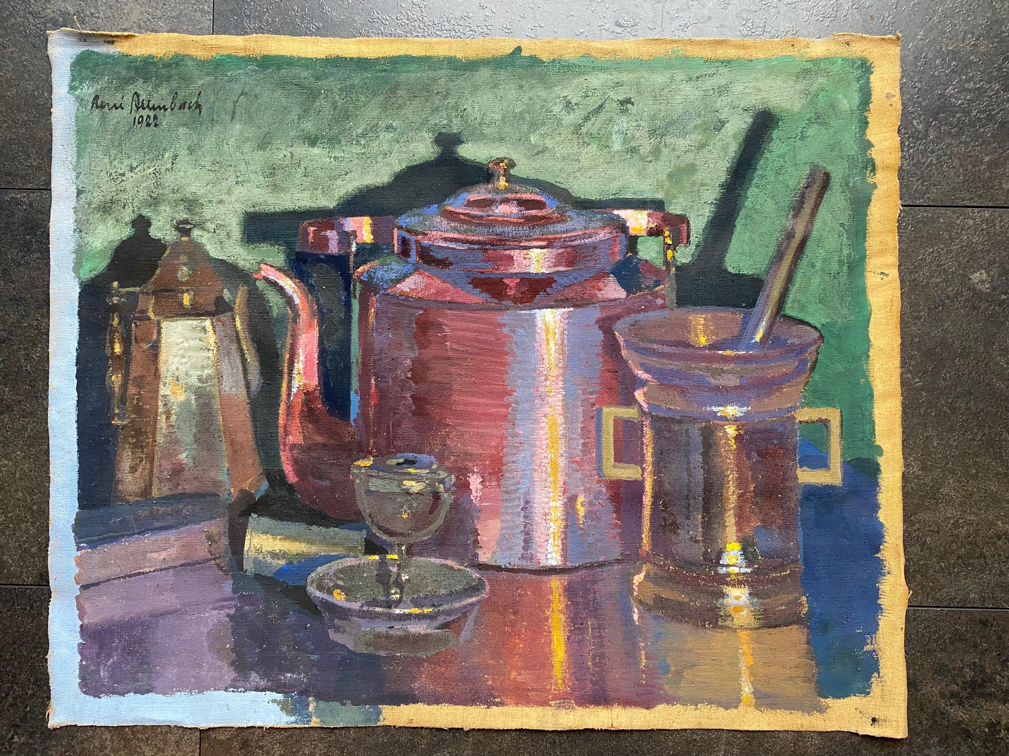 Bodegón con tetera de René Aumbach - Óleo sobre lienzo 53x66 cm - Painting de Unknown
